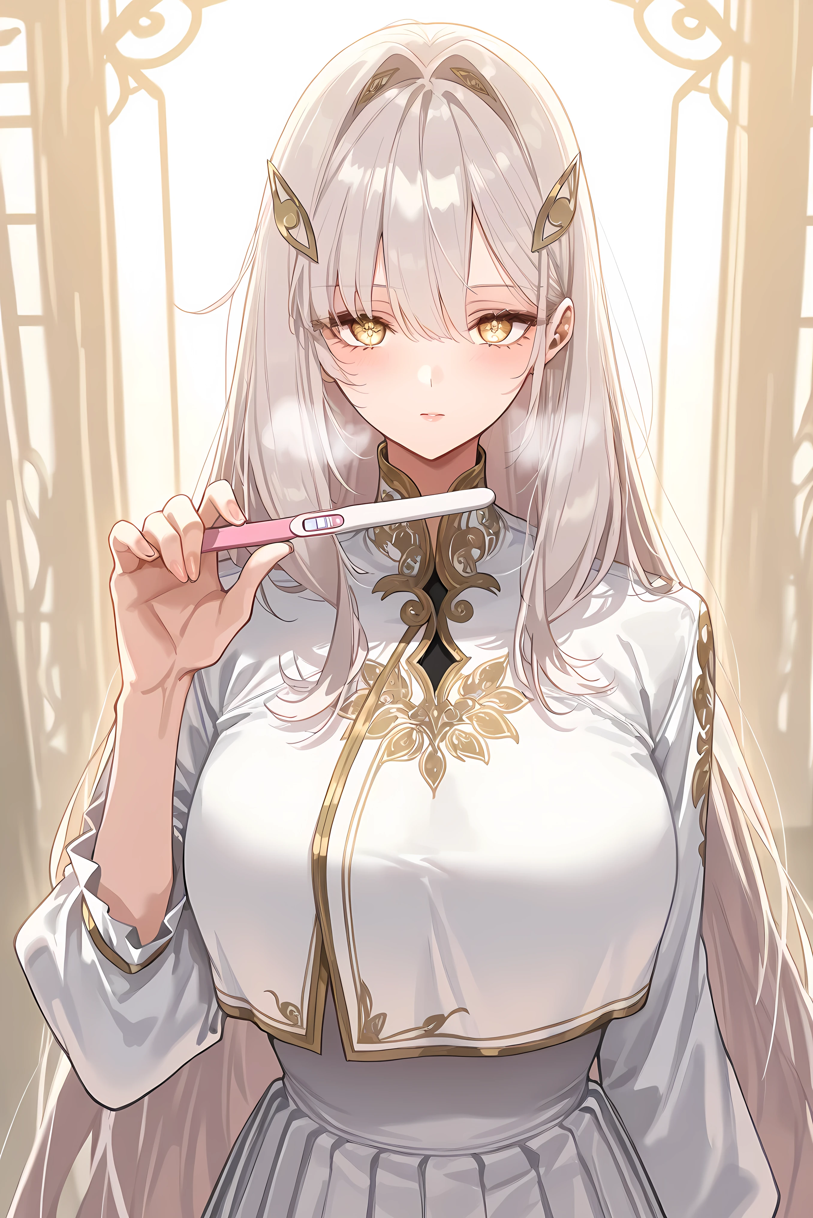 score_9, score_8_up, score_7_up, masterpiece, best quality, very aesthetic, absurdres, tunning image, attractive image, 1girl, adult grown woman, solo, RonovaGI, 1girl, solo, curvy body, pale skin, white hair, long hair, hair clips, bangs, thick hair, golden eyes, flower-shaped pupils, pink lips, hair ornament, large breast,masterpiece,best quality,amazing quality, ero404, 5 fingers, alternate costume, modern hanfu suit, black and gold embroidery, dragon motif, cropped jacket, long sleeves, pleated skirt, elegant trim, oriental details, long silver hair, sharp contrast, fantasy fashion, sleek tailoring, sophisticated style, heavy breathing, pregnancy test, looking at viewer, implied pregnancy, holding,