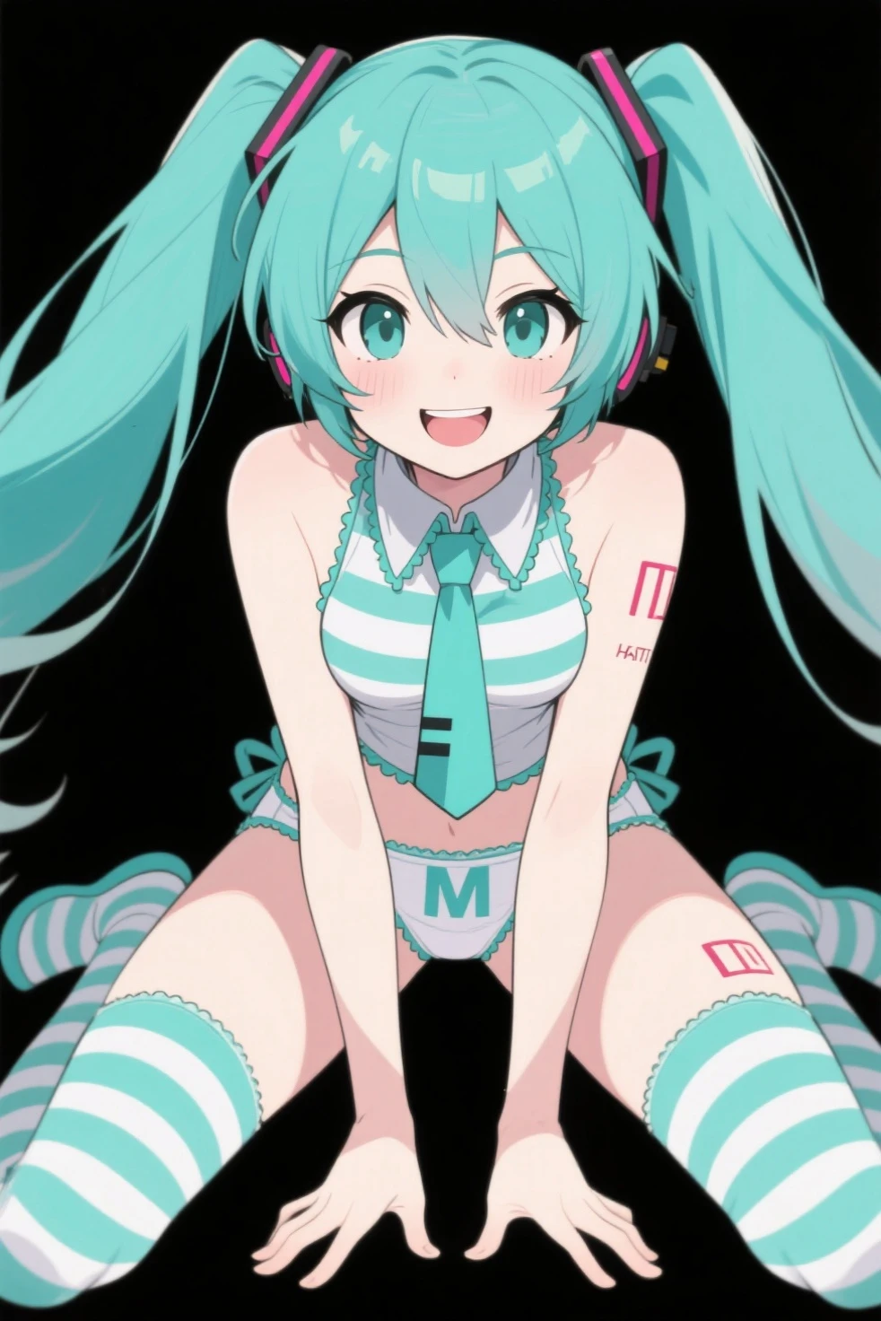 hatsune miku,View your viewers,blush,Standing Split, Standing on one leg,smile, Mouth closed, Full body image