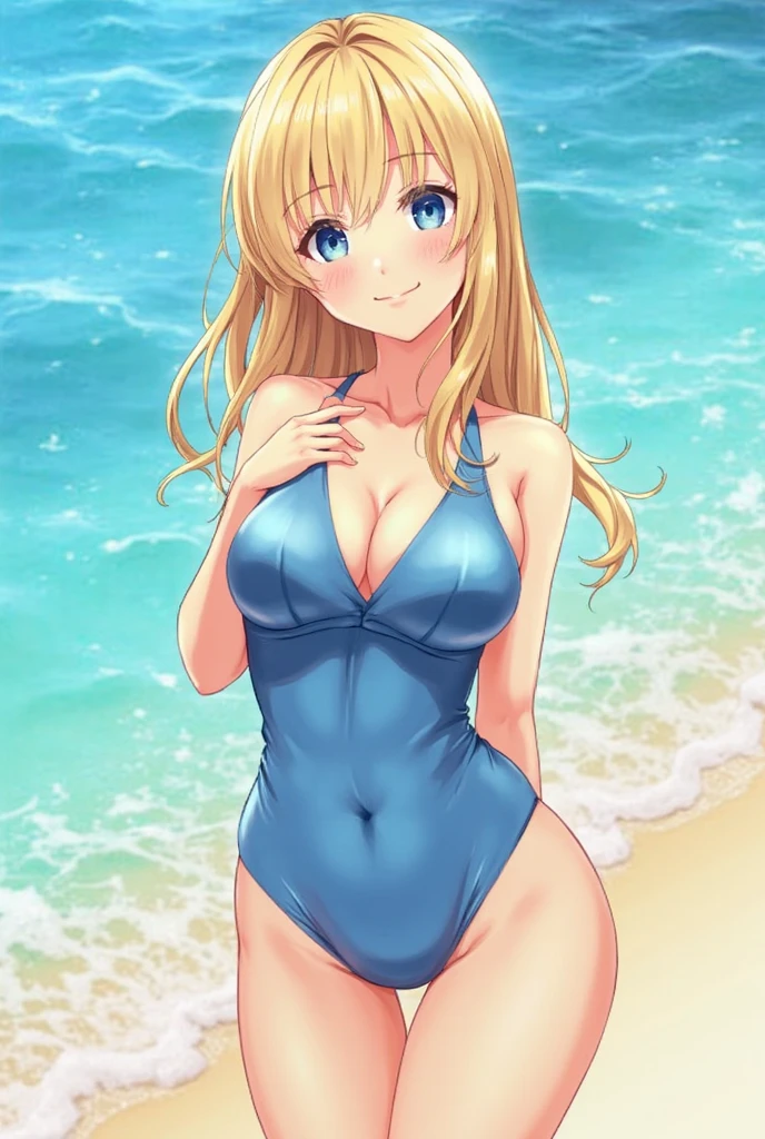 1girl, Kurashiki_Reina, breasts, swimsuit, blonde_hair, solo, long_hair, blue_eyes, outdoors, navel, one-piece_swimsuit, cleavage, smile, looking_at_viewer, beach, day, sky, large_breasts, armpits, huge_breasts, thighs, black_one-piece_swimsuit, blue_sky, arm_up, collarbone, ocean, arm_behind_head, o-ring, rock, slingshot_swimsuit, closed_mouth, tree