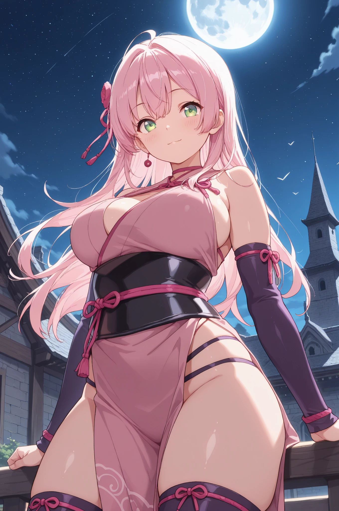 show off your pussy, skirt lift, anime, 1 girl, blue eyes, 15 years old, cute face, baby face, long hair, Pretty dresses, 4K, high definition ultra, pink hair, small smile, topless, NSFW, Night sky with river and beautiful flowers

