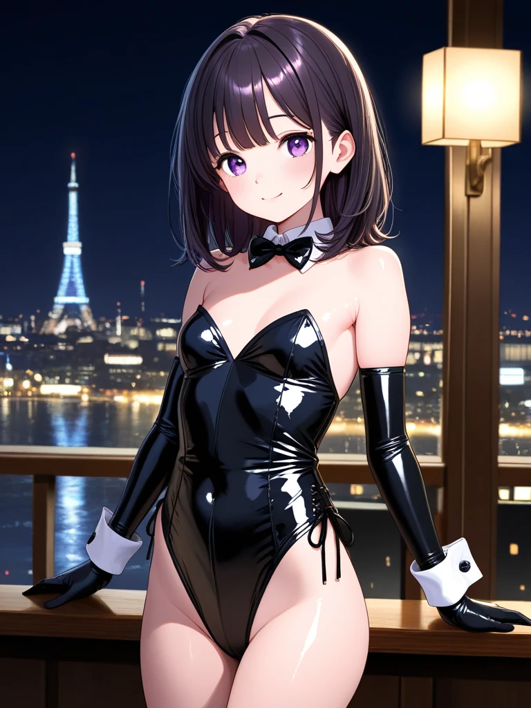 (masterpiece:1.3, Highest quality, Ultra-high resolution, Very detailed), (Realistic:1.1, photoRealistic:1.4), Beautiful illustrations, Perfect lighting,Written boundary depth, Beautiful detailsまでこだわった髪, Beautifully detailed face, Beautiful details, Beautiful clavicle, Beautiful body, Beautiful and juicy breasts, Beautiful thighs, Beautiful legs, View your audience, 1 Girl,Perfect Face, (Perfect Anatomy, Anatomically correct), Cute and symmetrical face、Baby Face、((Short Bob))、((Playboy、Bunny girl))、 (((Patent leather high leg leotard、Collar with bow tie、cuffs))) (Beautiful views), evening, (Outdoor, Blurred cityscape in the distance), Are standing, (Hands on hips), (かわいいsmile, smile)、Sexy Body