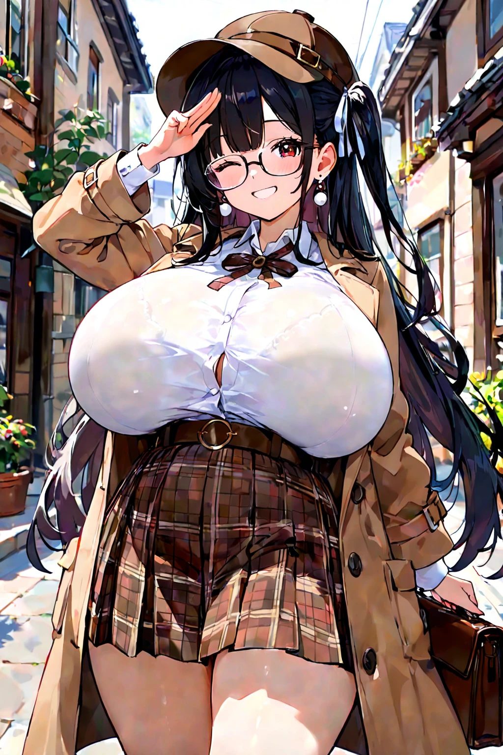 One Woman、((Big Breasts、Huge breasts))、(((Chubby、Are fat)))、Black Hair、blush、Watching the audience、smile、Open your mouth a little、Embarrassed、Black-rimmed glasses、Big glasses、beret、Autumn scenery、Are standing、Meeting、A relaxed outfit、Pleated skirt、Upper Body、suspenders