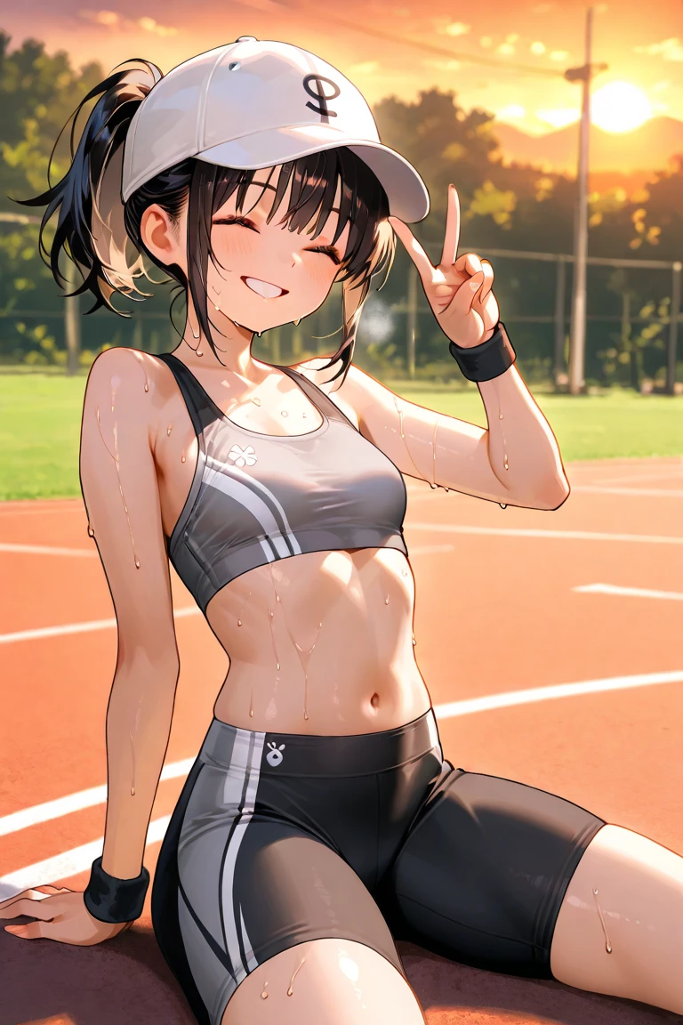 rice shower\(umamusume\), ((ultra-detailed face)), symmetrical face, beautiful face, masterpiece, best quality, front, sports bra, horse tail, light smile, athletics track, slender, abs, muscle