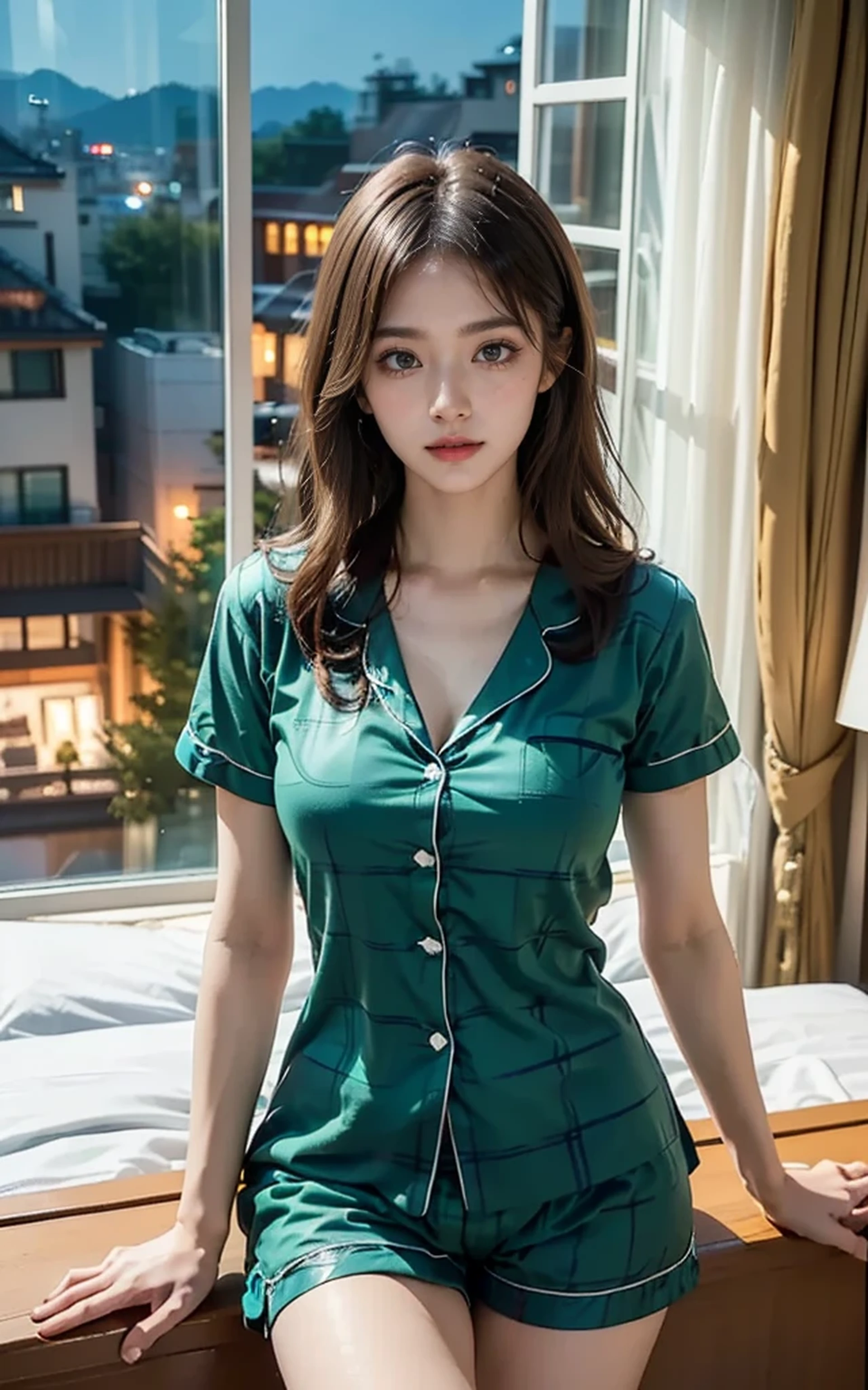 ((Very Beautiful Woman)), (20 year old woman : 1.2), ((Ultra High Definition : 1.4)), (high resolution photo ), (8K image), ((Supreme Masterpiece)), ((Ultra Realistic Garment Textures)), ((super realistic skin texture)), ,((ulzzang-6500 : 1.3)), ( Wide Shot), (Wavy hair:1.2), (Very beautiful and well-maintained face), (Emerald Green Plaid Short Sleeves and Short Cotton Pajamas:1.3) 、Fingers in line with a beautiful human body、Two beautiful arms 、beautiful two legs 、((Resort Hotel Suite Living:1.2))、(How to Fall in Love with Your Loved Ones) 、sexy pose、(( Midnight Views from the Window :1.5))、full body shot