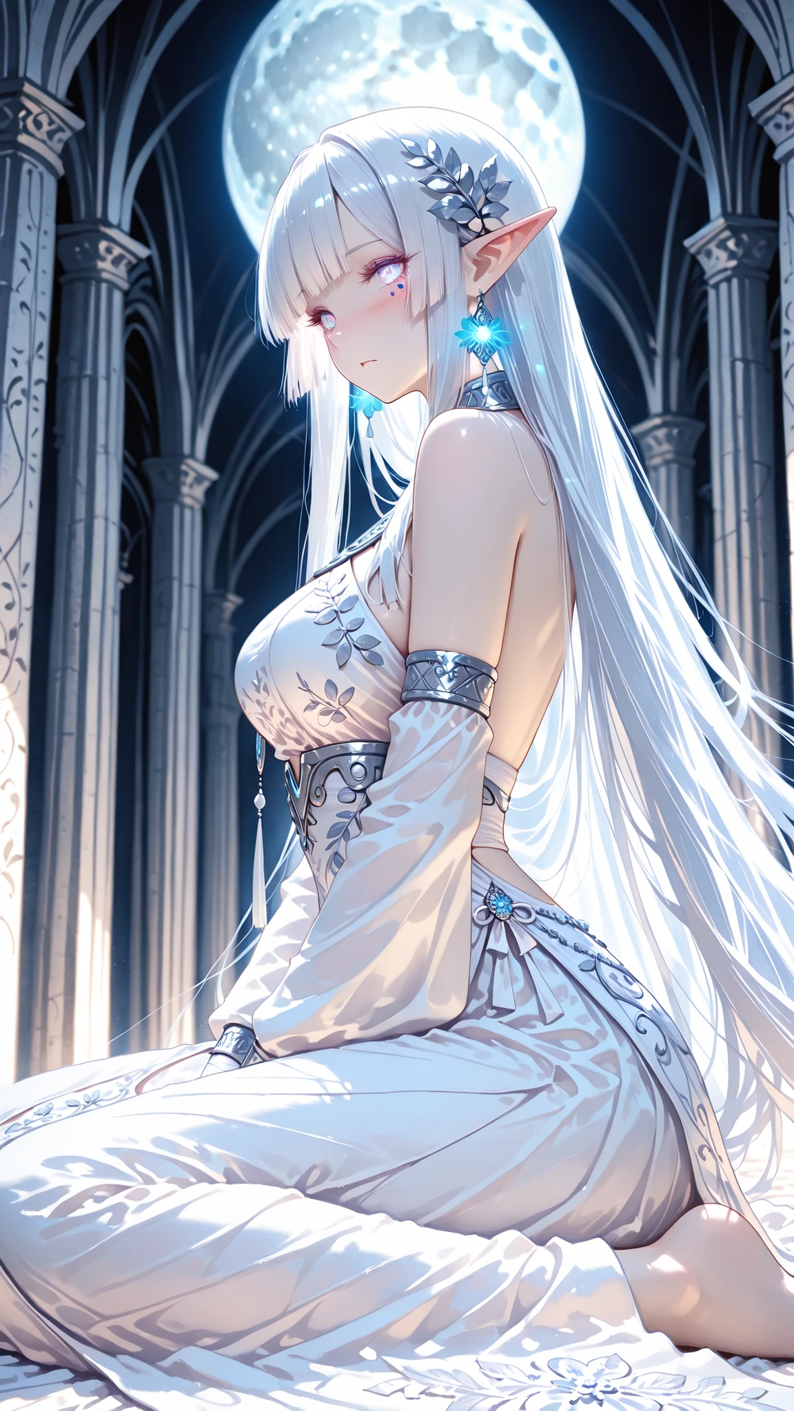 ((perfect eyes)), (perfect hand), (perfect finger), (masterpiece, detailed:1.2), highest quality, Ultra High Quality, 64k, Beautiful and delicate anthropomorphic girl, elf girl, fantasy character, hime cut, long flowing hair, decorated with delicate feathers and ornaments, piercing eyes, pale flawless skin, subtle blush, wearing a white fantasy outfit with asymmetrical design, white shawl, layered skirt with ribbons, arm wraps, silver jewelry, ((white oriental dress with intricate details)),Oriental dresses with intricate details and long drapes, draped shoulders and chest, ((wariza)), ((cute goddess)),
pray,
BREAK.
(upper body), ((side view)), sharp focus, shallow depth of field, refreshing atmosphere background, beautiful natural lighting, moon light, day time atmosphere, 16:00, perspective, (detailed lighting), (dark lighting:1.4), rim lighting, ((sharp focus)), cinematic lighting), ethereal atmosphere, soft misty background, faint glowing light, angelic and mystical vibe, 