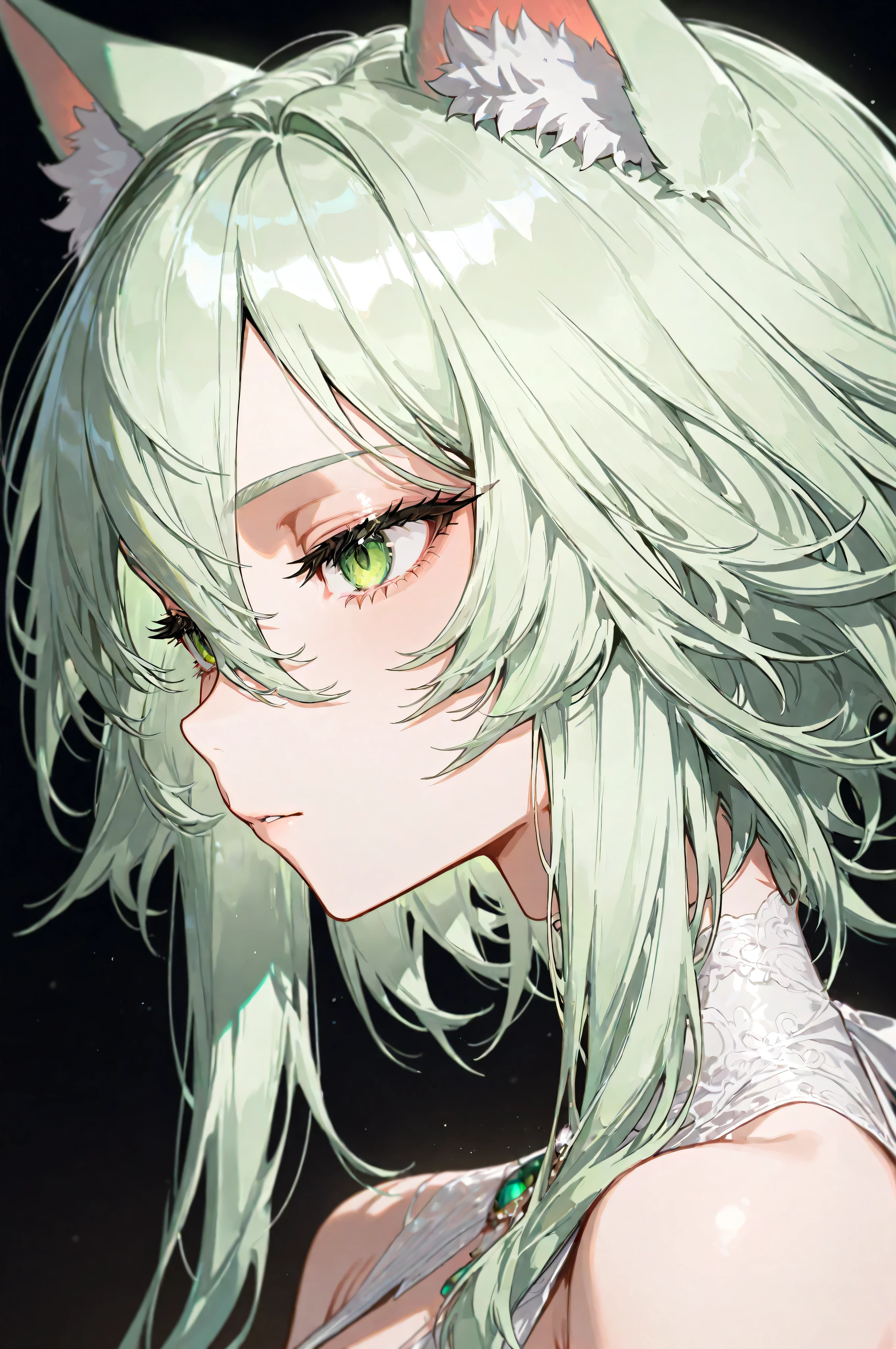 1 beautiful woman, dress, light green hair, green eyes, cat ears, half close up, masterpiece, best quality, top quality, very aethetic, highly detil, breathtaking detailed, absurd, newest, 16K