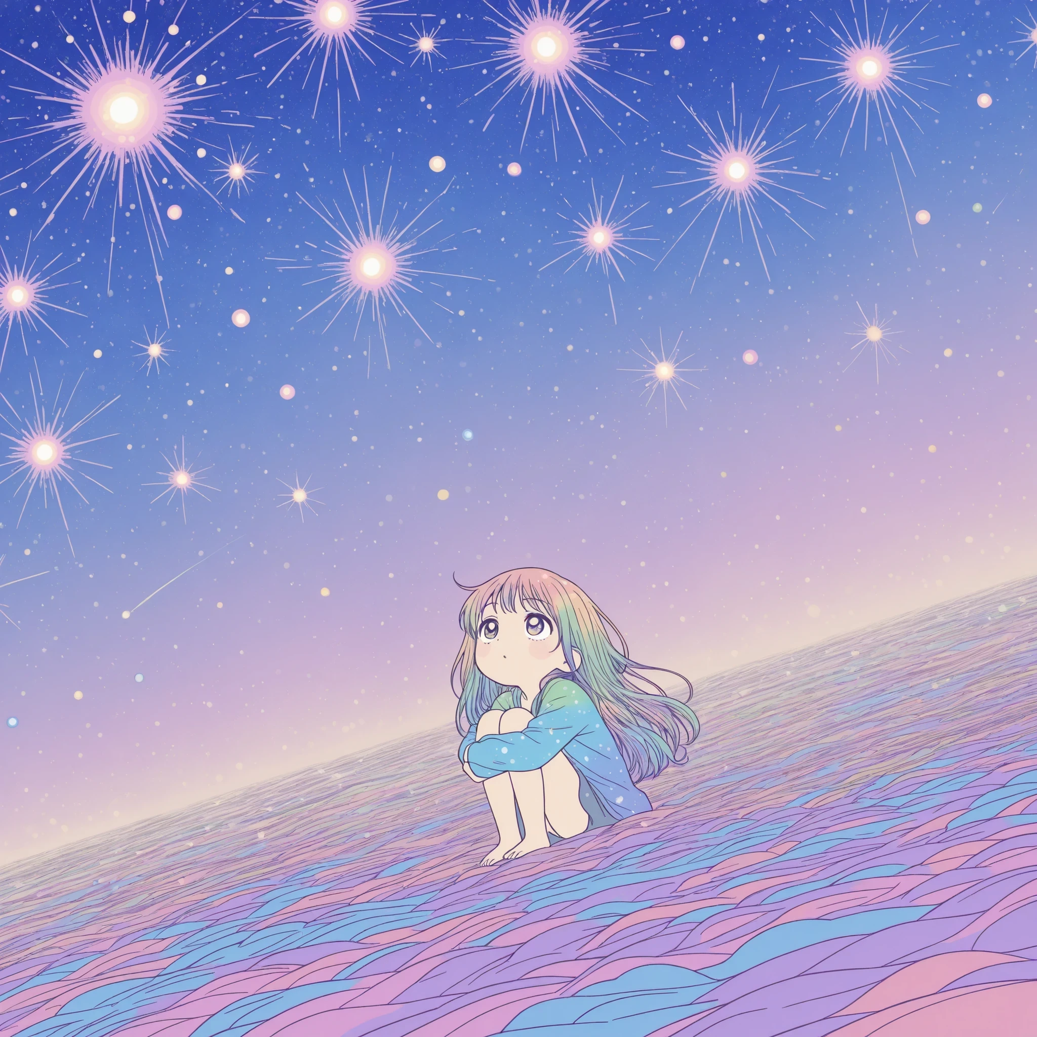 solo,relaxed style of relaxation,(flat color:1.2), simple color,Girl Manga Style, Line Art,one cute girl with a crooked foot, inspecting . outer space, Milky Way, (Many cosmic colorful shooting stars_Star:1.3), Dutch angle