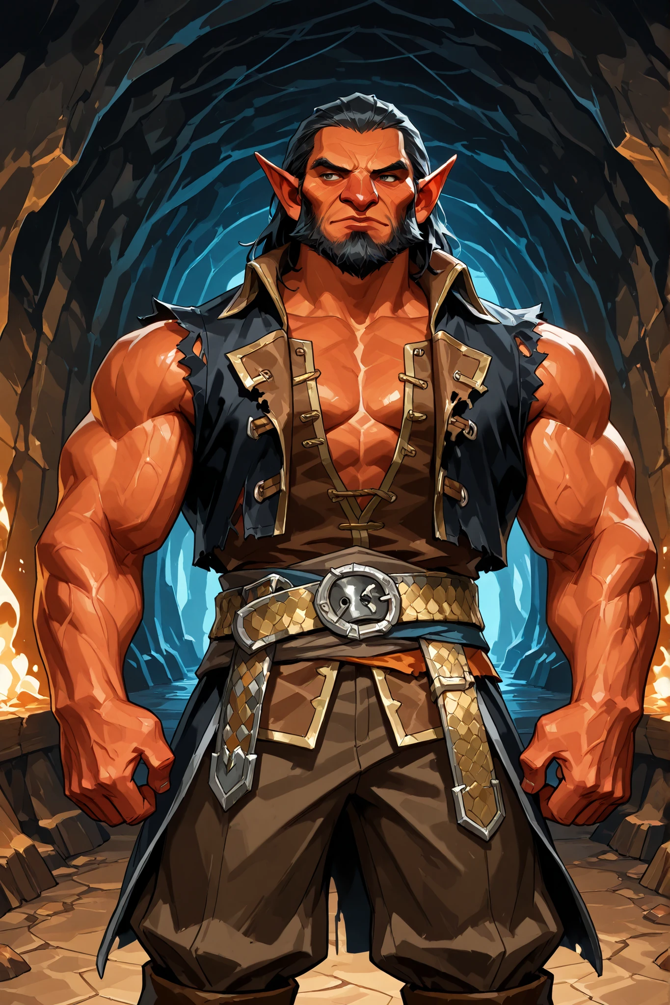 hobgoblin, solo, male, red skin,  big nose, pointed ears, black hair, bare-chested, (silk black vest, torn vest), bulging muscles, black colonial trousers, (hide belt, scale belt, belt made from green dragon scales) charming, rugged, grimacing, standing inside a cave, near entrance to an ancient fortress, entryway has serpentine design elements, (caviler era clothing, pirate era clothing)), dungeons and dragons, fantasy art, close up, npcp