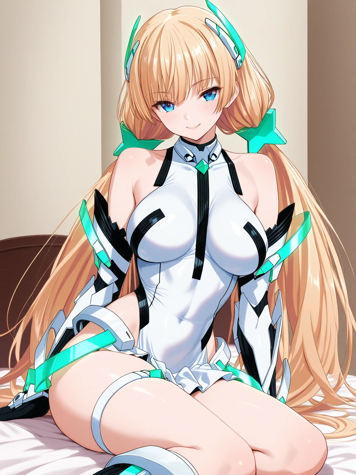 score_9, score_8_up, score_7_up, source_anime, rating explicit, absurdres, bedroom, frll body, 1girl, solo, angelabalzac, blonde hair, blue eyes, deva battle suit, thighs, bare shoulder, elbow gloves, headgear, long hair, low twintails, twintails, very long hair, smile, lying, on side, looking at viewer, masterpiece, best quality, very aesthetic, highly detailed, 8k,
