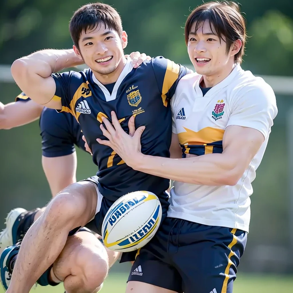 inside club locker room, facing each other, (rugby uniform:1.2), Japanese man, Chinese man, Korean man, Taiwanese man, manly face, round face, monolid eyes, (buzz cut:1.4), very large and strong body, bulging muscles, very large pectoral muscles, muscular arms, muscular abs, muscular legs, muscular back, brightens oily skin, master piece, realistic, panorama, distant view