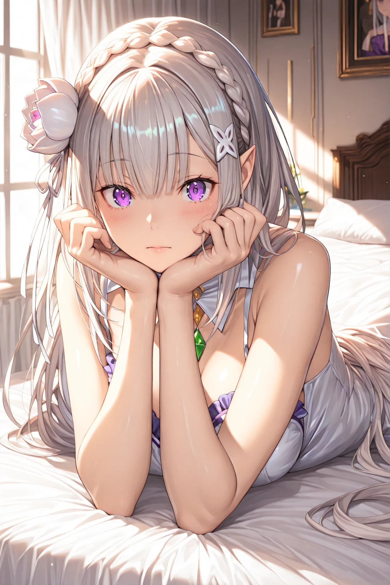 rezeroEmilia, Emilia, braids, crown braids, Flower, hair Flower, hair ornament, hair bow, (purple eyes:1.2), pointed ears, white Flower, x hair ornament,
break lingerie,
Rest indoors, bed,
staring at viewers, BREAK (masterpiece:1.2), Highest Quality, high resolution, Unity 8k 壁紙, (illustration:0.8), (beautiful detailed eyes:1.6), very detailed face, PERFECT LIGHTING, highly detailed CG, (perfect hands, perfect anatomy)