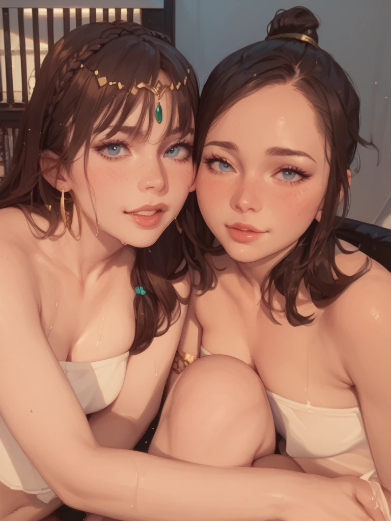 Emma Watson and (Sarah Hyland) (((naked))) sitting on a massage table, choker, (face blushing), shy, hands on breasts, lesbian, dominant and submissive, long hair, worried