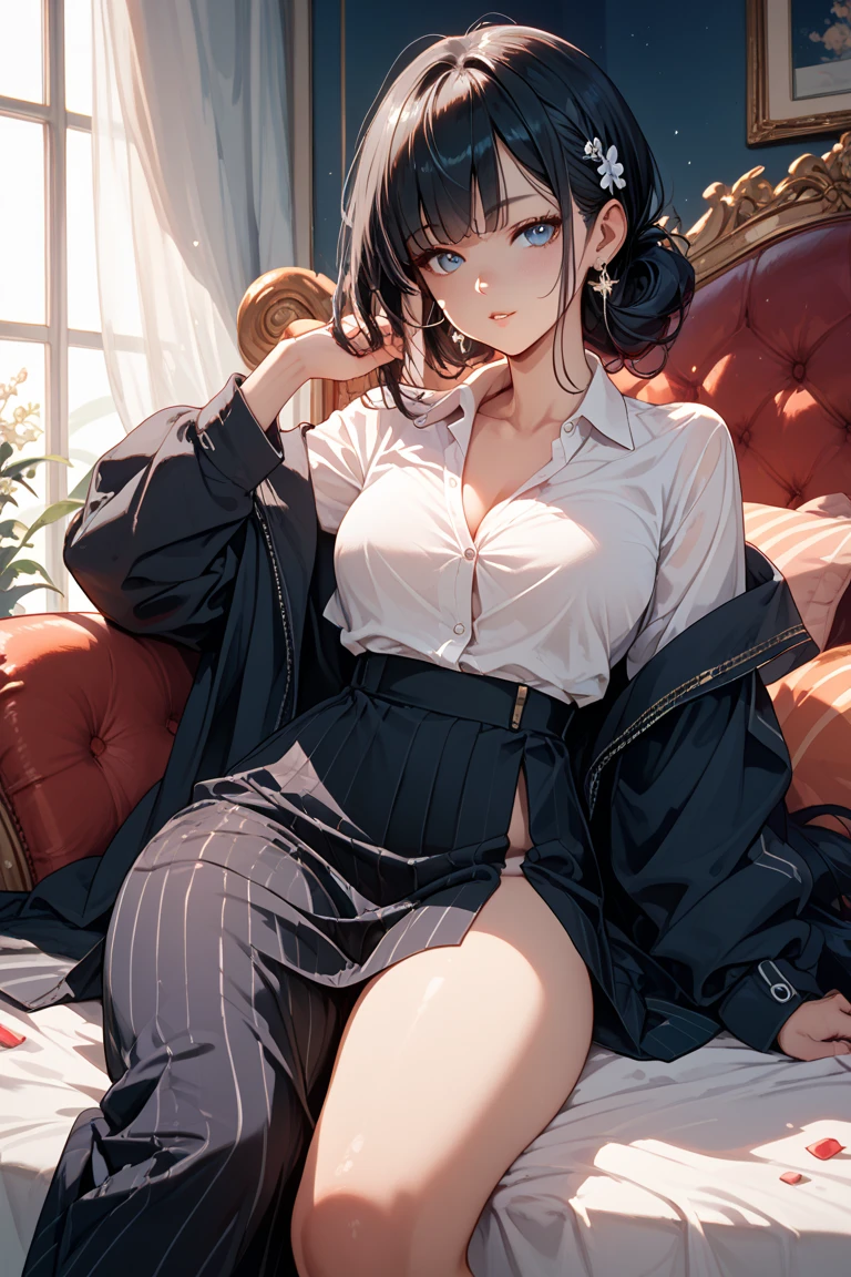 1 girl in、Cute Beautiful Girl、((Junior high school girls))、micromini skirt、((Half-taken off blouse)) 、((no-bra))、((Young Face))、(13years)、in a house、lightsmile、Keeping the body facing forward、top-quality、Realistic background、photos realistic