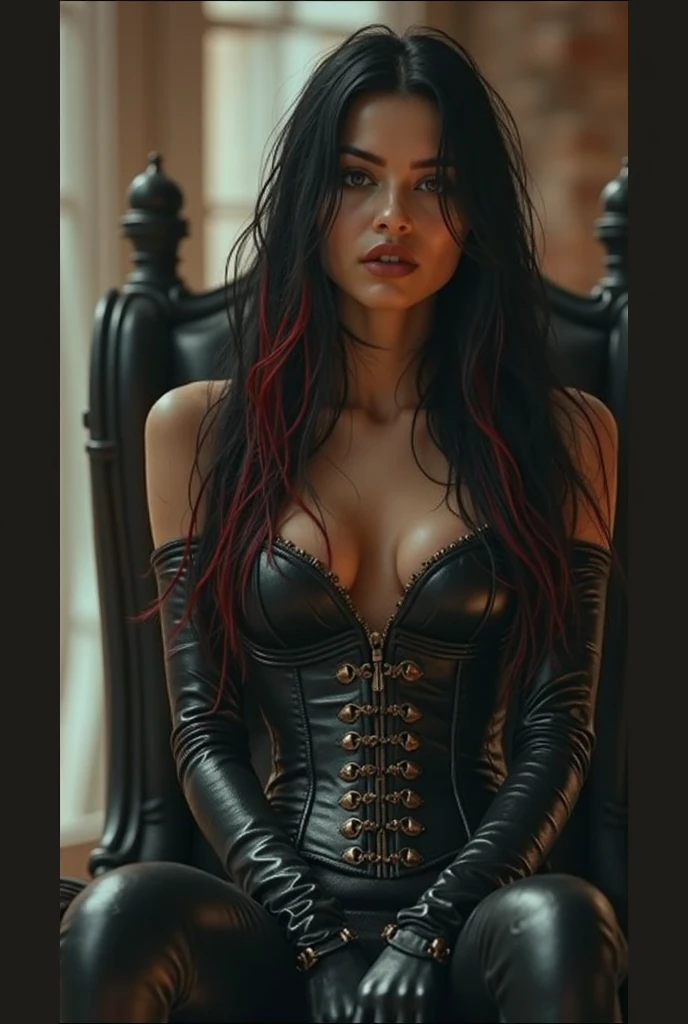 arafed woman in a leather corset posing in a library, leather stockings, thighhighs and skirt, in a leather corset, leather, garter belt, wearing stockings. side-view, seductive cyberpunk dark fantasy, black leather, thigh highs, wearing stockings, closeup shot, black leather slim clothes, leather clothing, black leather costume, dressed in black leather