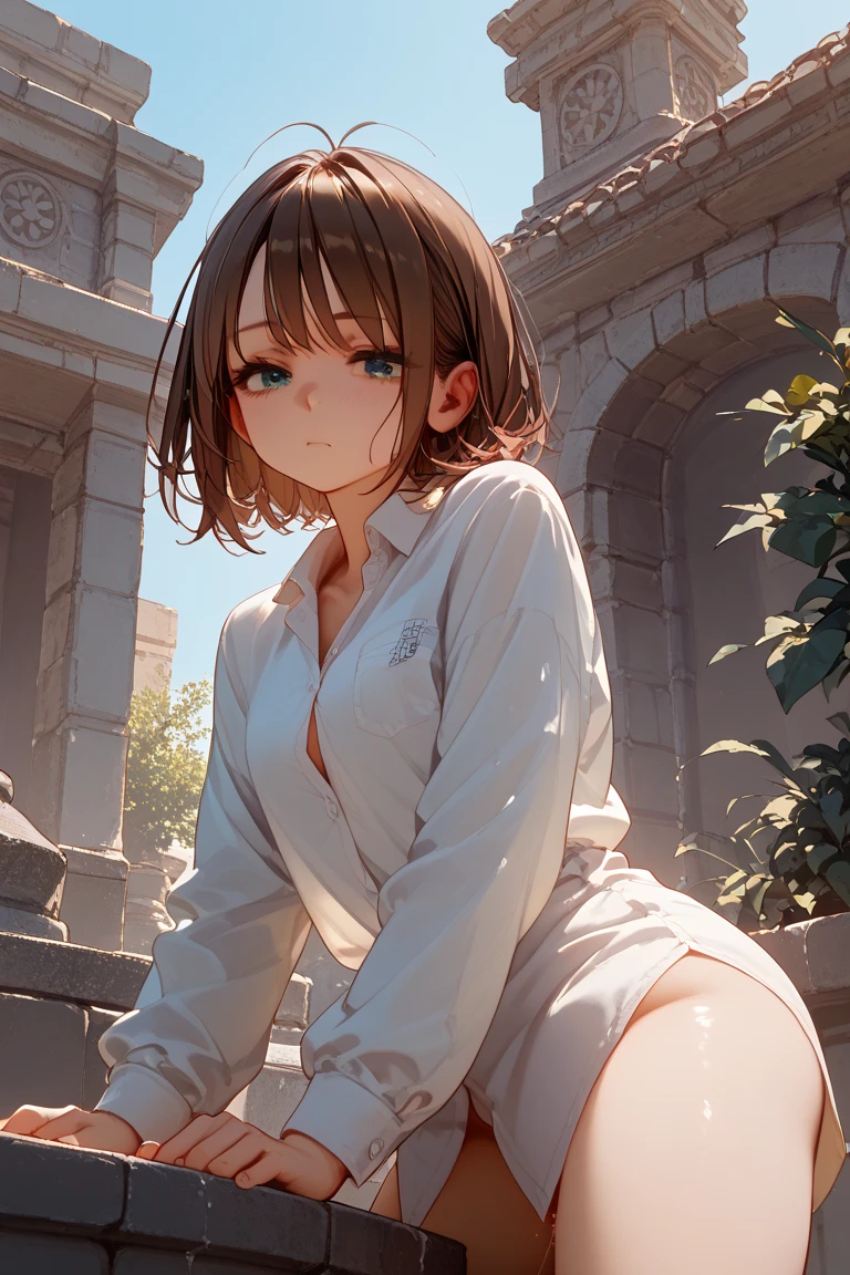 ((Masterpiece)), ((best quality)), (High Definition:1.3), (Professional Photography:1.2), best quality, 8K, Textured skin, cinematic lighting, 1girl, wide-shot, (Cute innocent teenage girl), glossy lips, (thick lips), slendar body, small breast, (cover chest with hands), very messy medium hair, (Wearing tulle-skirt), blush and sad, (exposed naked stomach), cat ears, pale brown hair, innocent posing, (the Flooded ancient ruins cityscape), Grass is thriving, (Beautiful and clear waterside),