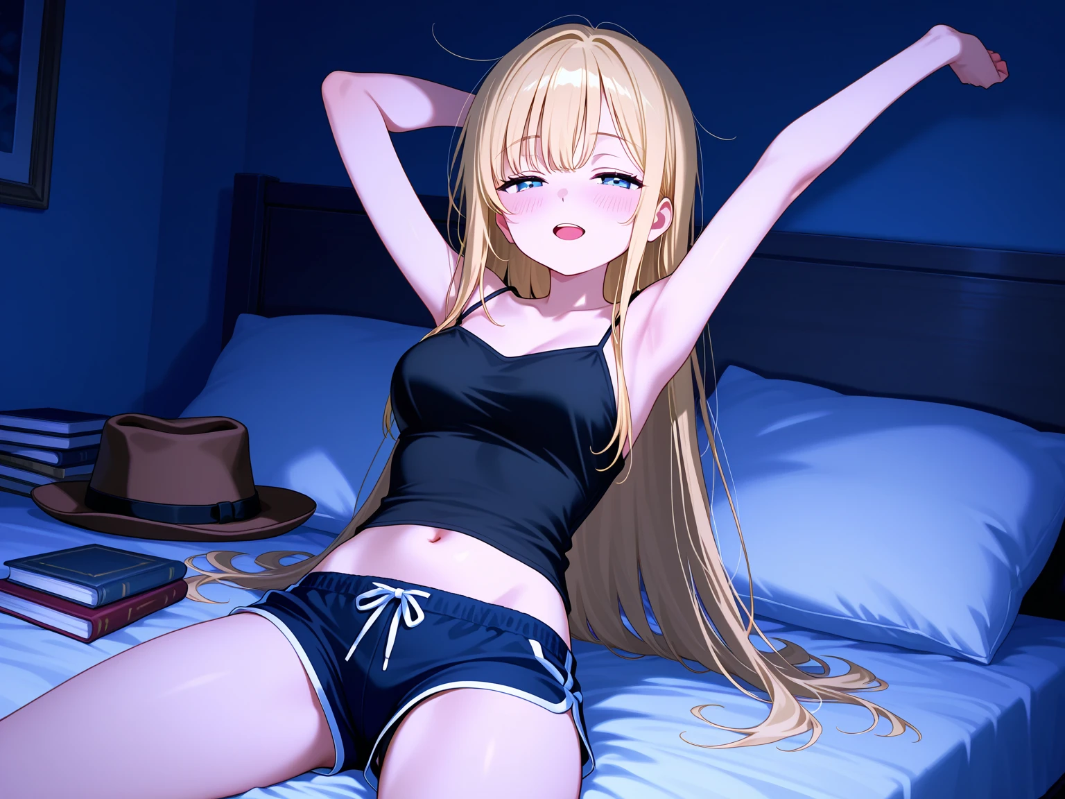 highest quality、Sleeping、smile、Small breasts、belly button、Panty shot、Fox ears、Long blonde、Black camisole、Shorts、Knee socks、bed