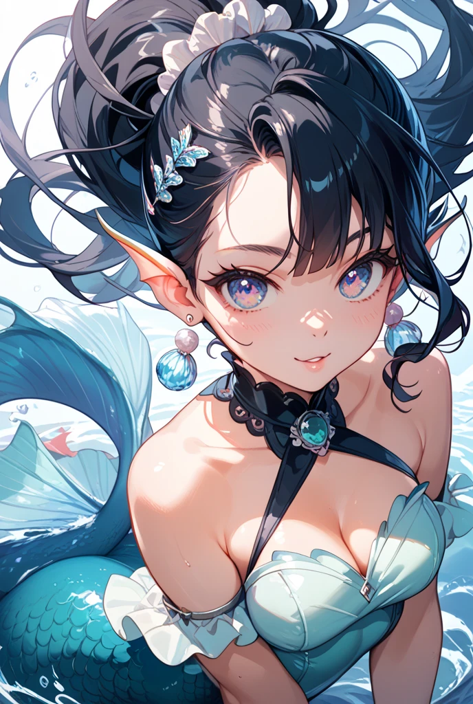 Portrait of a mature looking young woman. Mermaid. Fins for ears. Short brown hair and brown eyes. Mermaid tail.