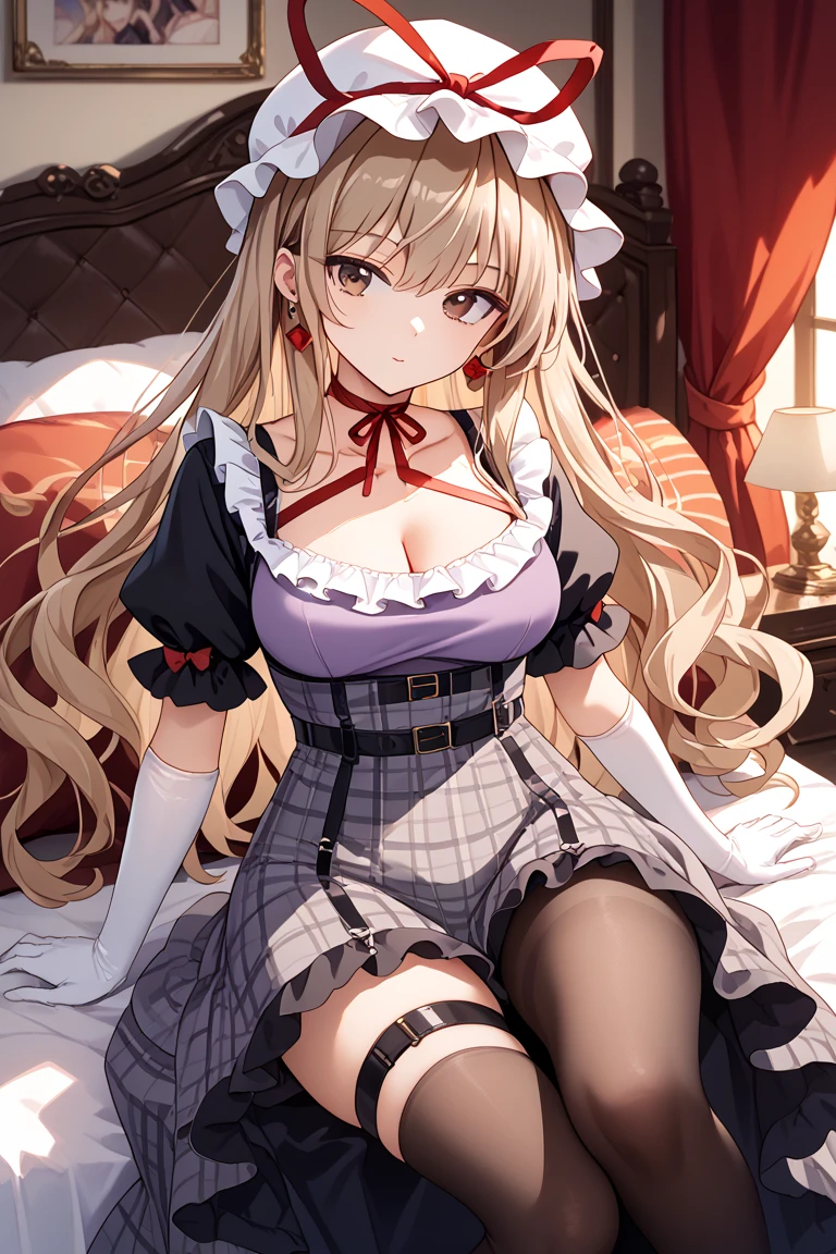 masterpiece, best quality, highres, 1girl red eyeshadow blue eyes makeup, hair ribbon maid headdress white apron detached collar bow frills detached sleeves black gloves black thighhighs lace-trimmed legwear garter straps red dress <lora:howe_pastry_princess:1>