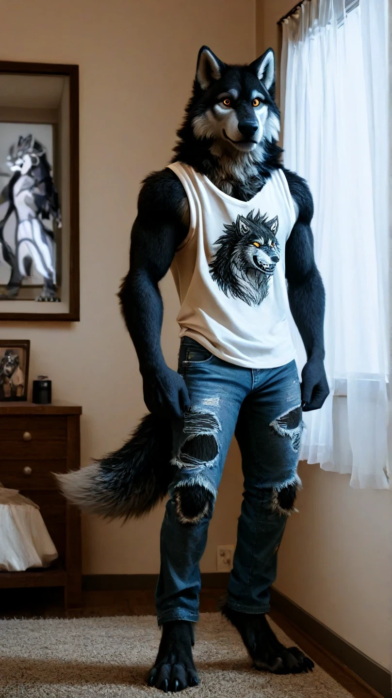 Lobo macho negro furry, standing , in a room, full body, wolf tail , looking at the spectator, black fur, amber eyes , anthropomorphic wolf, in front al espectador , in front, vista frontal , ripped jeans, white sleeveless t-shirt, in a white room, picture window,  white curtains, clawed feet