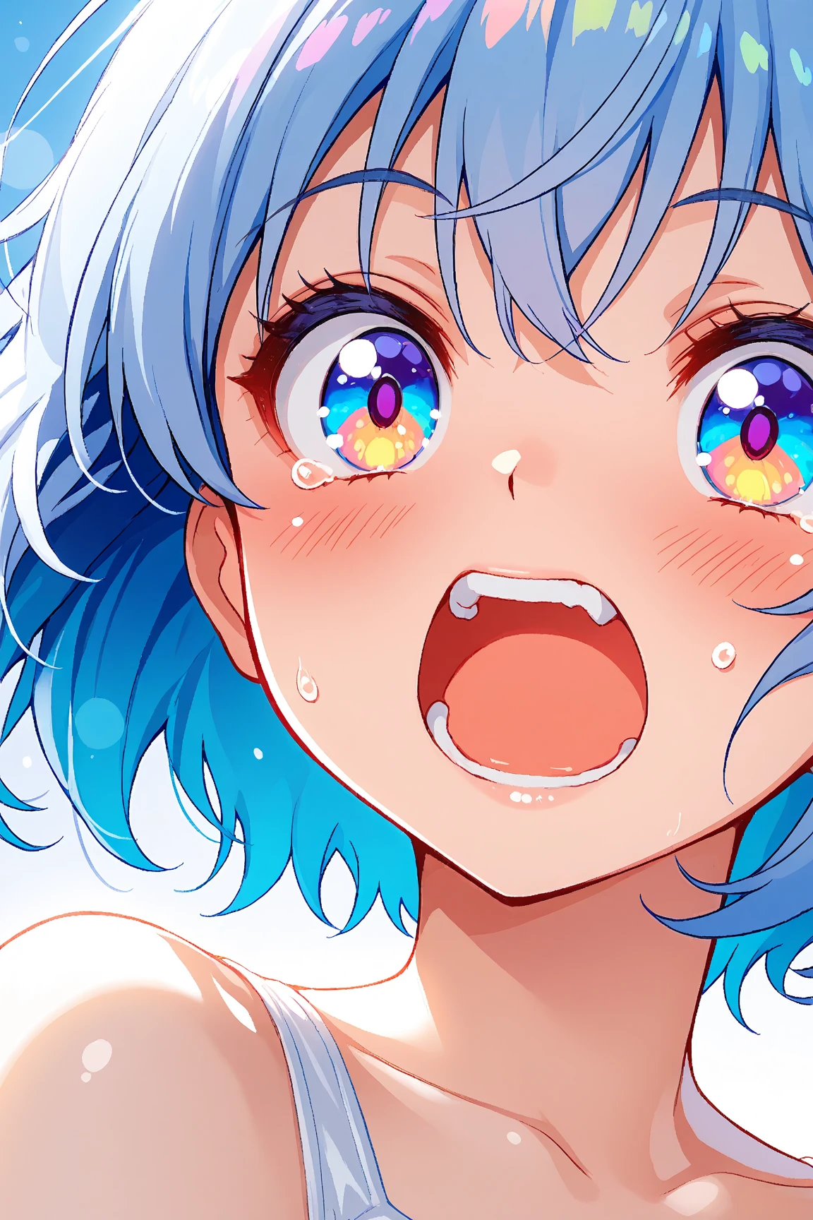 Create an illustration of a female track and field athlete crying after her defeat at a competition. The focus should be solely on her face, capturing the raw emotion of disappointment and tears streaming down her cheeks. Ensure the illustration conveys the intensity of the moment, with sweat glistening on her forehead and the strain evident in her expression. Utilize vibrant colors to emphasize the contrast between her flushed cheeks and the stark white of her running attire. The background could be blurred to highlight her isolation in this moment of defeat, conveying the loneliness of high-stakes competition.