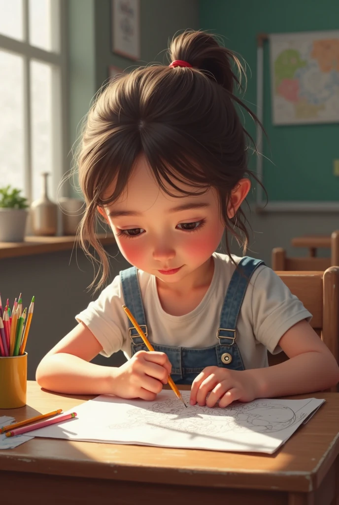 Picture of a real-life with long brown hair playing alone in a classroom