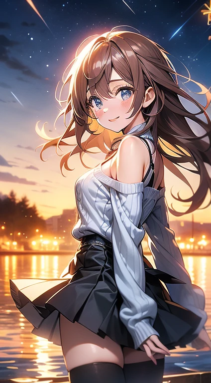((masterpiece, best quality, high resolution, ultra high definition, Pixel perfect, depth of field, 4K, RTX, human development report))), 1girl in, single, alone, Beauty、see whole body、 ((long hair, Short Liuhai, reddish brown hair)), ((blue eyes, beautiful eyelashes, realistic eyes)), ((Detailed face, blush:1.2)), ((smooth texture:0.75, lifelike质感:0.65, lifelike:1.1, Anime CG style)), medium breasts, Perfect body, (( White shirt,shirt buttons open,exposing her chest,Plaid skirt,Black tights)), Smile, Sitting sideways on a chair and posing, (wind blows hair,bare shoulders、exposing her chest、Black tights) , It snows at night