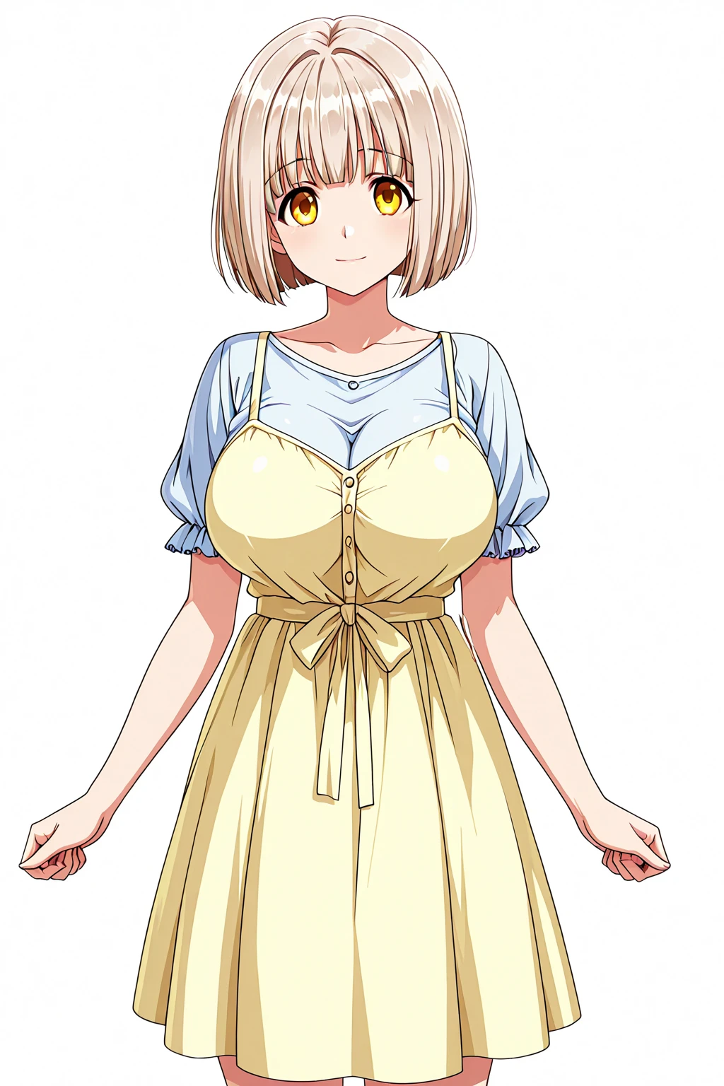 hayasakamama, 1 girl, alone, blonde hair, blue eyes, looking at the viewer, short hair, masterpiece, highest quality, , waist apron, black dress, white shirt, maid,, white ascot, white apron, vest, blue brooch, smile、simple background、((huge breasts:1.3))、pregnant woman
