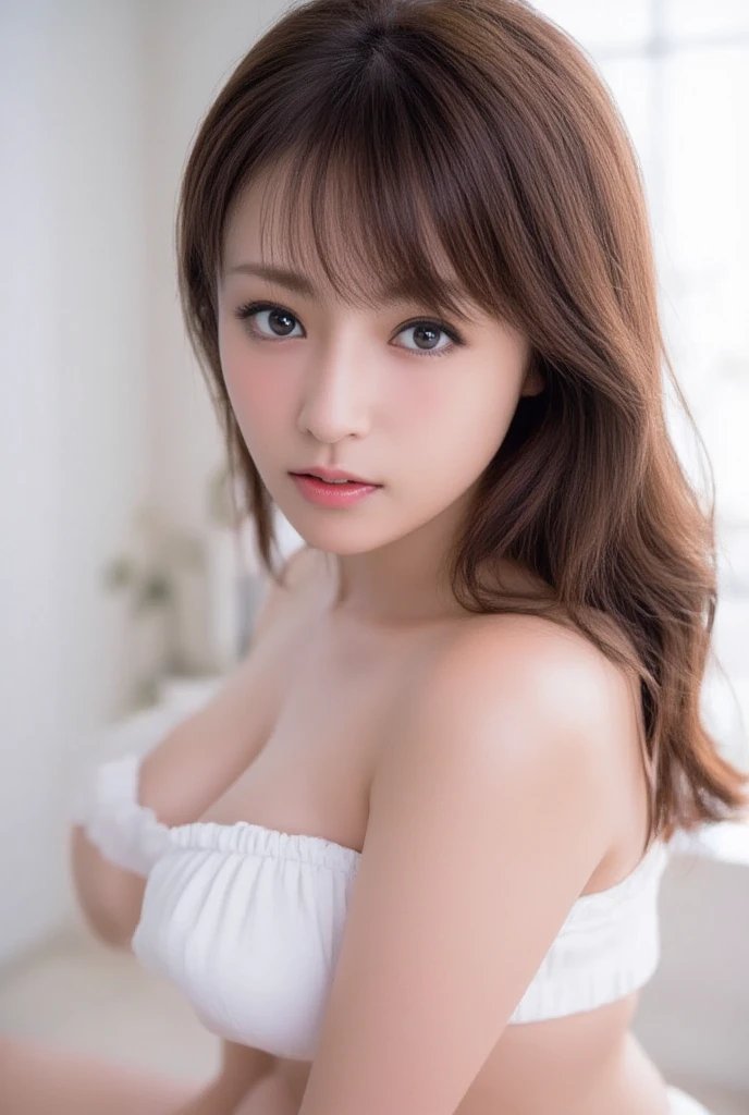 masterpiece, highest quality, 8k, 20th generation, Big Breasts, cute, alone, sad, cute, Girlish, Delicate girl, Pure beauty, RAW Photos, Professional photography, Portraiture, Soft Light, Professional Lighting, Backlight, Upper Body, avert your eyes, Sophisticated, Film Grain, (Eye and facial details:1.0), floating short hair, beautiful, Flowing Hair, bangs, Loose Camisole、(Big Breasts:1.2)、A little bit of cleavage is visible、dolly make、Heterochromia iridis