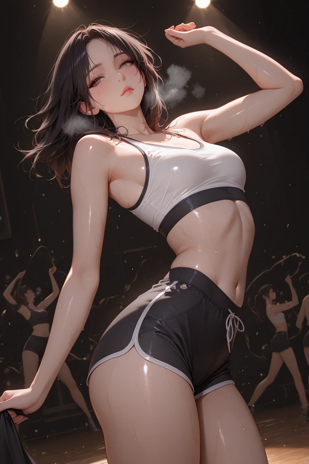 ((perfect anatomy:1.5,realistic:1.3,RAW Photography:1.3,masterpiece、highest quality、Ultra - High resolution、High resolution、Highly detailed CG、8K)),cowboy shot,1 female,solo,street dancer,18-year-old、High school girl beautiful girl,Japanese,((beautiful detailed face and eyes:1.2,big gorgeous eyes:1.2,gray eyes)),dark brown hair,short bob hair,bangs,medium breasts,slender body,small head:1.3,skinny,(oily skin,gleaming skin,shiny skin、sweat:1.7),(dancing:1.5),((HIP-HOPファッション、hoodie sweatshirt,crop top、navel、micro shorts,sneaker shoes)),dance studio,Tokyo、