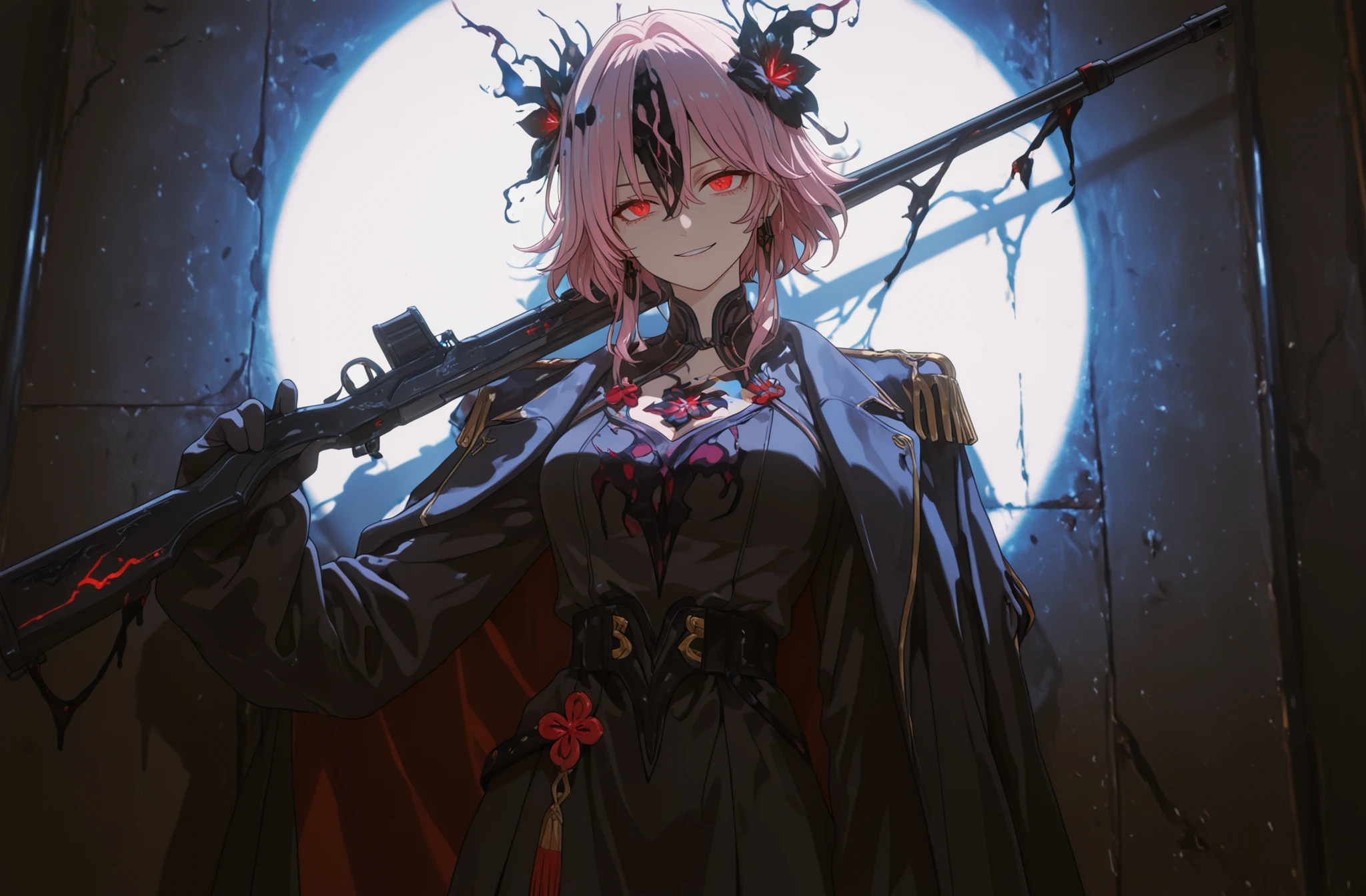 (black mist head:1.44), glowing eyes, holding rifle,FreischutzPM, , (looking at viewer, portrait shot:1.22), (medium shot, three quarter shot:1.3), (1girl:0.95), solo, masterpiece, best quality, amazing quality, very aesthetic, high resolution, ultra-detailed, (soft shading, soft shadows, volumetric light:1.14), coat on shoulders, sleeves past fingers, epaulettes, march 7th, pink hair, black flower, red eyes, vicious expression, camellya, Wuthering Waves, Dark street, top lighting, smirk, tired eyes,
