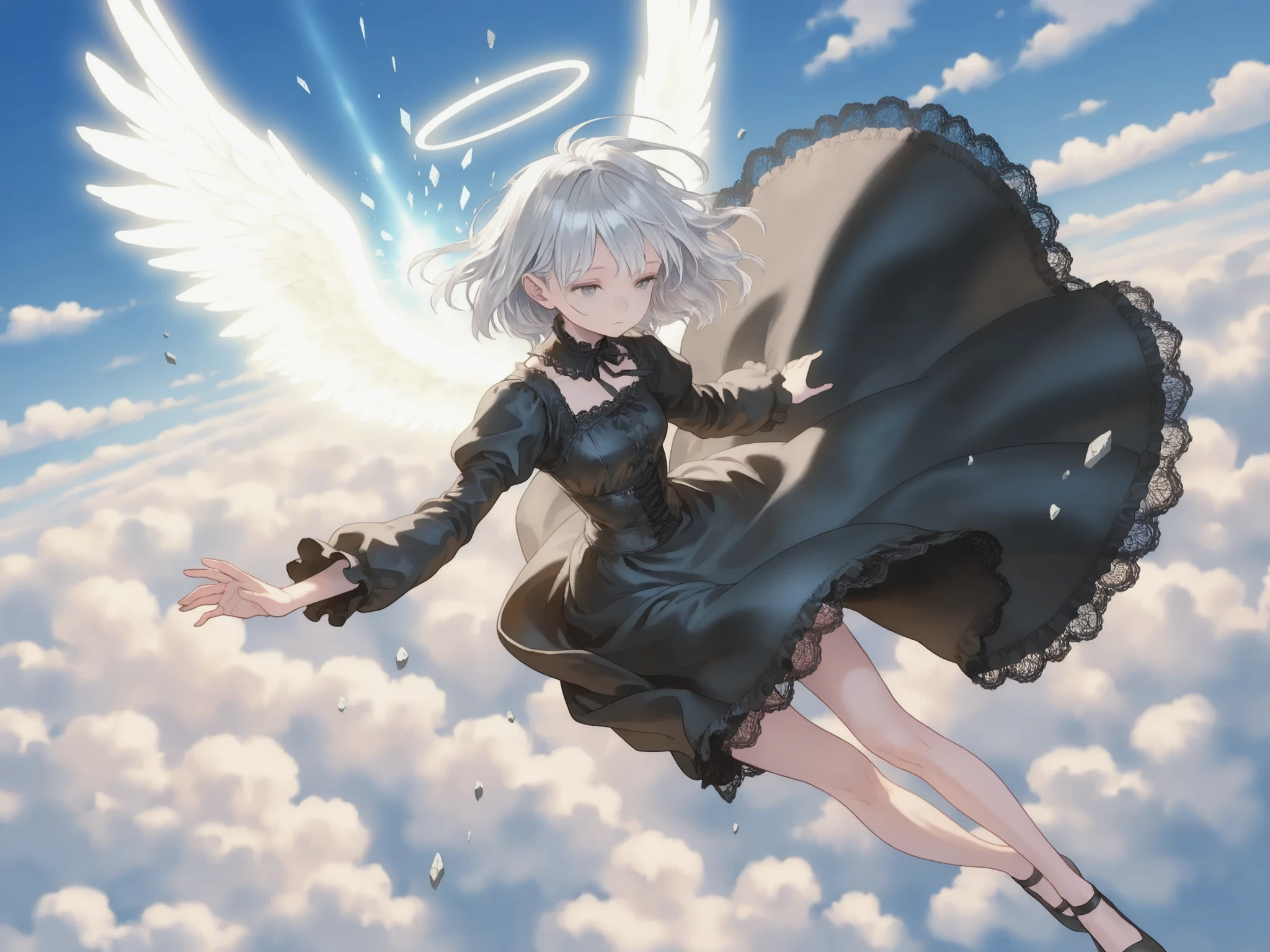 1girl, gothic attire, black dress with lace trim, glowing angel wings, short silver hair, expressionless, drifting in mid-air, legs relaxed, arms open, floating posture, BREAK, fluffy clouds, vast sky, iridescent mist, sunlight breaking through, chromatic aberration effect, BREAK, overhead view, aerial wide-angle, symmetrical framing,