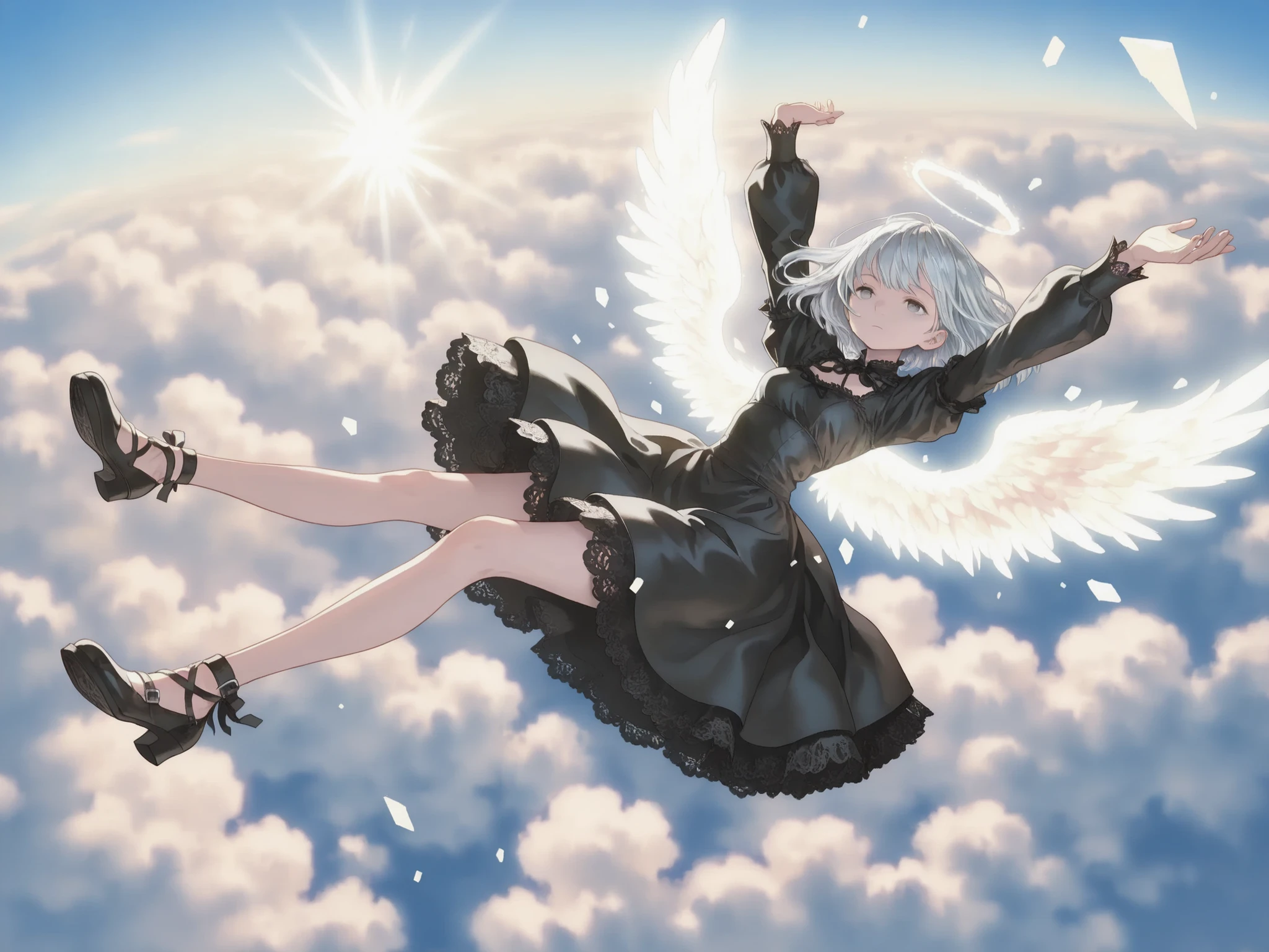 1girl, gothic attire, black dress with lace trim, glowing angel wings, short silver hair, expressionless, drifting in mid-air, legs relaxed, arms open, floating posture, BREAK, fluffy clouds, vast sky, iridescent mist, sunlight breaking through, chromatic aberration effect, BREAK, overhead view, aerial wide-angle, symmetrical framing, 