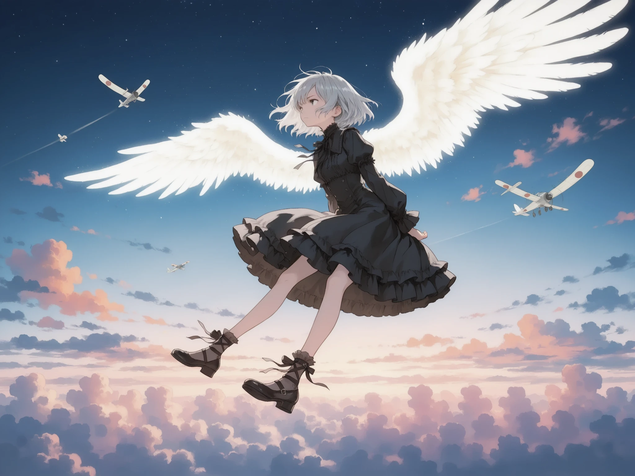1girl, gothic lolita, fluttering black dress, translucent angel wings, silver short hair, serious expression, flying gently, arms slightly spread, hair flowing, BREAK, twilight sky, layered clouds, soft gradient from night to dawn, faint stars fading, gentle wind effect, BREAK, side view, wide shot, mid-air perspective, BREAK, soft bloom, subtle motion blur, pastel lighting, atmospheric glow, (solitary flight:1.3), (ethereal:1.2), highres, masterpiece, best quality