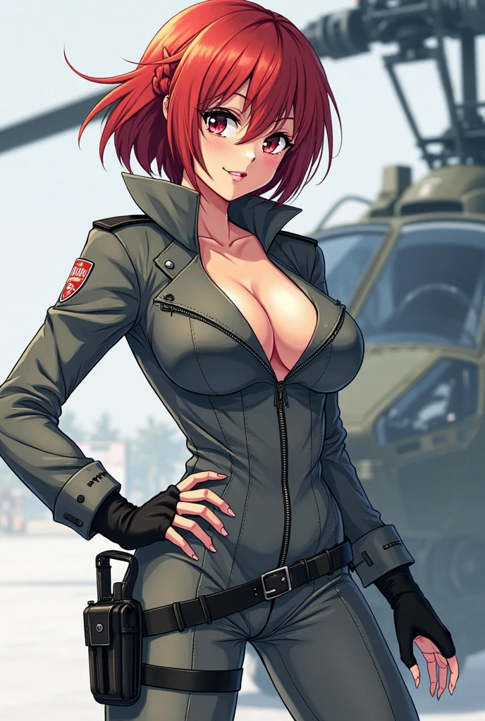 (open green jacket), military, big breasts, white tank top, muscular, auburn hair, green eyes, brown cargo pants, tomboy, airfield, tough, outdoors, sunny, 20 years old, portrait, tight shot