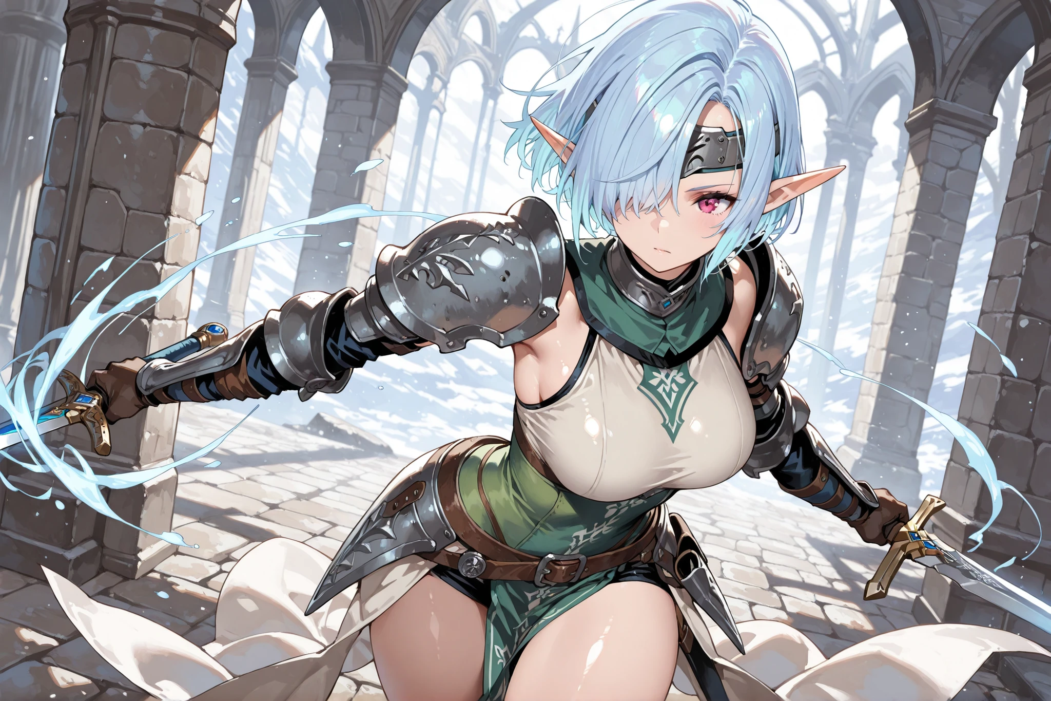 ((best quality)), ((masterpiece)), (detailed), 1girl, sexy, elf, light blue hair, short hair, shiny hair, hair over one eye, forehead protector, pointy ears, hold the sword, steel mail, Magic knight