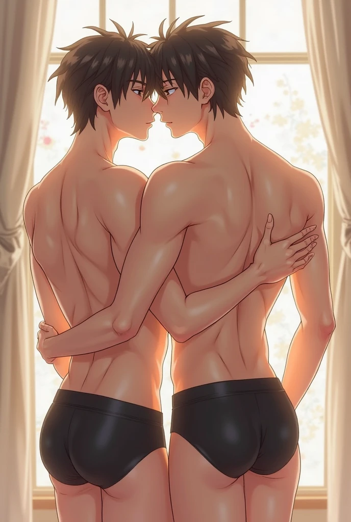 A man touching another man's butt, and the other blushed