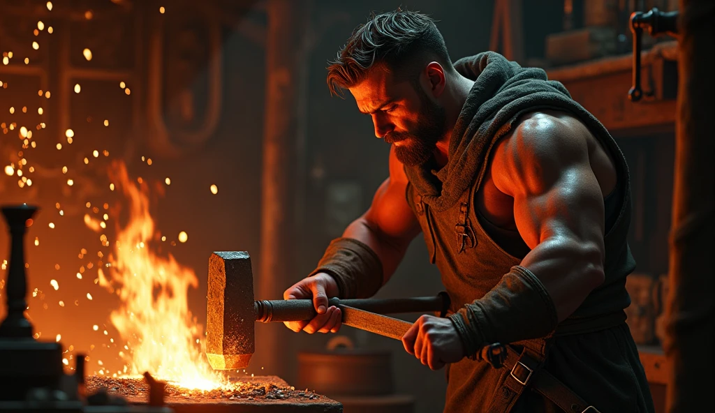 "Create a scene inside the smithy. It was a middle-aged blacksmith with a chubby body and a bald head with his hair tied back. Forging a red-hot copper sword on an iron anvil. He held a heavy hammer with both hands and was not wearing a shirt. Behind him, an elderly blacksmith was watching. It has a blast furnace with a hot fire and an orange-red glow. The atmosphere in the forge was hot and full of energy."