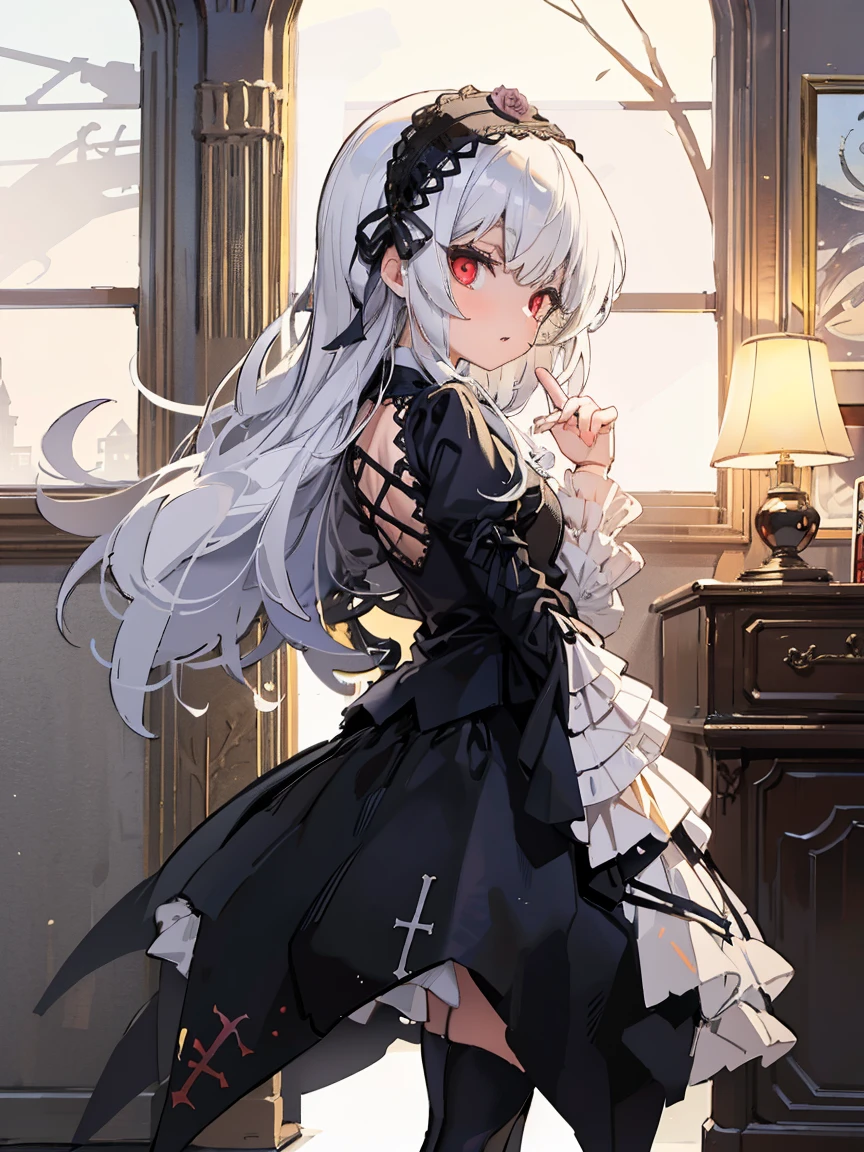 (masutepiece), (Best Quality), (Best Detail),Very detailed face, (Anime girl with silver hair and light blue eyes)， anime moe art style, Anime visuals of cute girls,anime style 4 k,Slender and cute girl, Beautiful anime girl, clean detailed anime art, Cute anime girl， high detailed official artwork，((high-level image quality，hightquality，Every detail，Well equipped，8K，ultra-detailliert，​masterpiece，masuter piece))，(((1girl in，独奏)))，(((Black Lace Headband)))，((hair is braided short))，((Keep your mouth shut))，(((Very delicate and beautiful silver hair)))，(((Beautiful and clear light blue eyes down to every detail，Beautiful light blue eyes，Super detailed cute face)))，teak，A slight smil，(((The most beautiful girl in the world，Super cute girl)))，(((16-year-old girl)))，(anime illustrated)，(((highly detailed black wedding dress，long gloves of black color，Detailed black pantyhose，Black High Heels)))，((The  of the dress has a lace pattern.、.、.、.、.、.、.、.))，Black Rose，(((Highly detailed silver hair，super thick super long silver hair)))，(((highly detailed light blue eyes)))，a girl is standing，teak，A slight smil，Embarrassed look，take a photo of a girl，Cute gesture，(((highly detailed light blue eyes)))