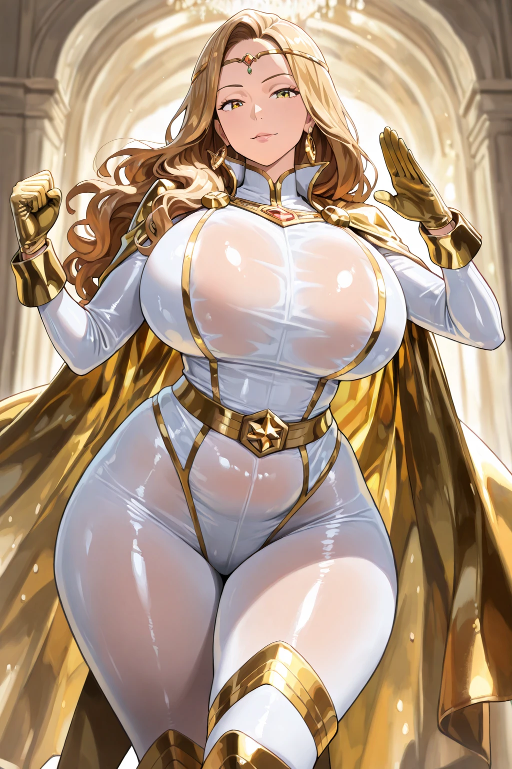 Gorgeous and sultry busty athletic (thin) brunette with sharp facial features and a (large nose) and (huge boobs) wearing a white and gold superhero leotard, cape, gloves, thigh-high boots