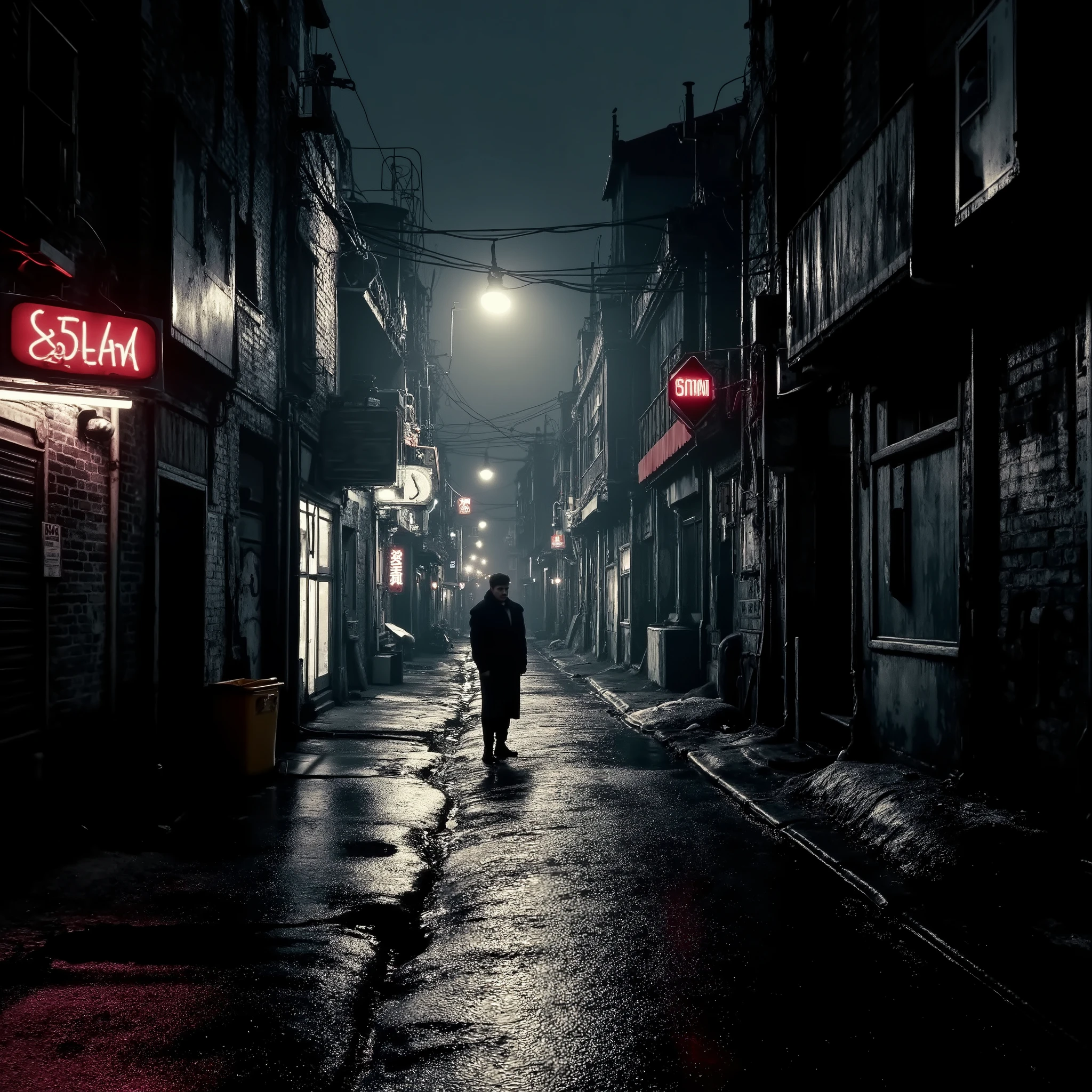 une cover de album de New-wave / EBM appelé Anomaly, une ville etouffante de nuit, dans un style sombre et moderne, gratte-ciels, cyberpunk electro, fumée, tech-noir, néons, nuit, synthwave, shot on sony a1, 85mm F/1. 4 ISO 100, medium format, 45 megapixel, flash lighting, natural moon lighting