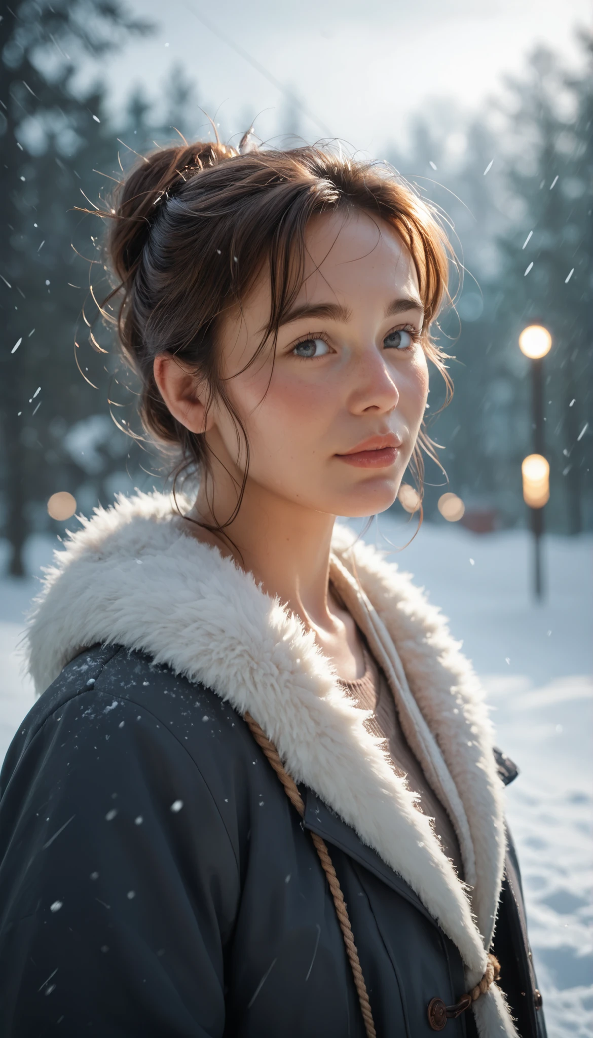 a woman wearing a hjiab and rope around hips in the snow, a portrait, by Antoni Brodowski, shutterstock, digital art, cute mature woman, in a storm, looking upwards, bokeh top cinematic lighting