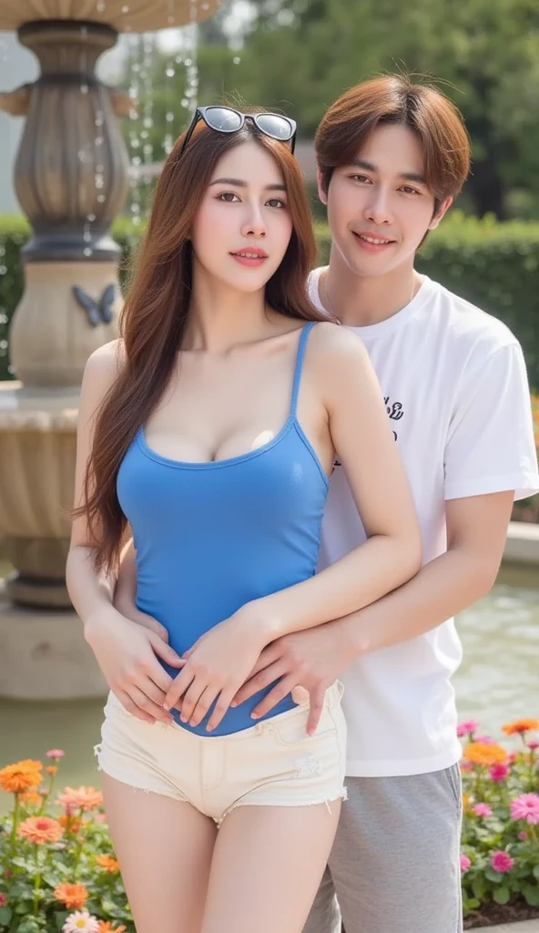 1 male, 1 female, (male model hugging female model, hugging chest and buttocks kissing neck: 1.2, female model sticking out her tongue, intimate relationship: 1.2), Araf woman in pink top and jeans and handsome male model, Korean female fashion model, photo of slim girl model, wearing tight simple clothes, thin waist and thick buttocks: 1.1, gorgeous young Korean woman wearing sexy cropped top in crop top with crop top, Korean girl, casual clothing style, 2 4 year old female model, Beautiful Korean Woman, HD, 16k, Realistic, Small Round Face: 1.0, Realistic Perfect Face and Skin, Detailed Beautiful Glasses, Double Eyelids, Long Eyelashes, Swollen Eyes, Realistic Face and Eyes, Facial Light, Super Detailed Facial Details, Lip Gloss, Blush: 1.0, Brand Open Crop Top (Pink, Open V-Neck, Super Realistic Detailed Clothes: 0.8, Huge Boobs: 1.5, Perfect Breasts and Nipple Bulge: 1.5), High-end brand skinny jeans ((super realistic detailed jeans: 0.6)), perfect big boobs, perfect breasts, perfect waist, perfect buttocks, (enchanting, beautiful, sexy: 1.0), (round calves: 1.2), (white and tender toes: 1.2, wearing high-end designer crystal sandals (stiletto heels: 0.5)), realistic and stylish shawl hair, shoulder length: 1.0, smiling teeth: 1.0, handsome male model: 1.0, private shooting, private shooting, Background ((super luxurious yacht, green grounds, buffet table, swimming pool, poolside umbrellas and beach chairs)), dating a male model: 1.2, dancing gracefully: 1.5, autofocus: 1.2, variety of postures, clear armpits, full body shot: 1.5