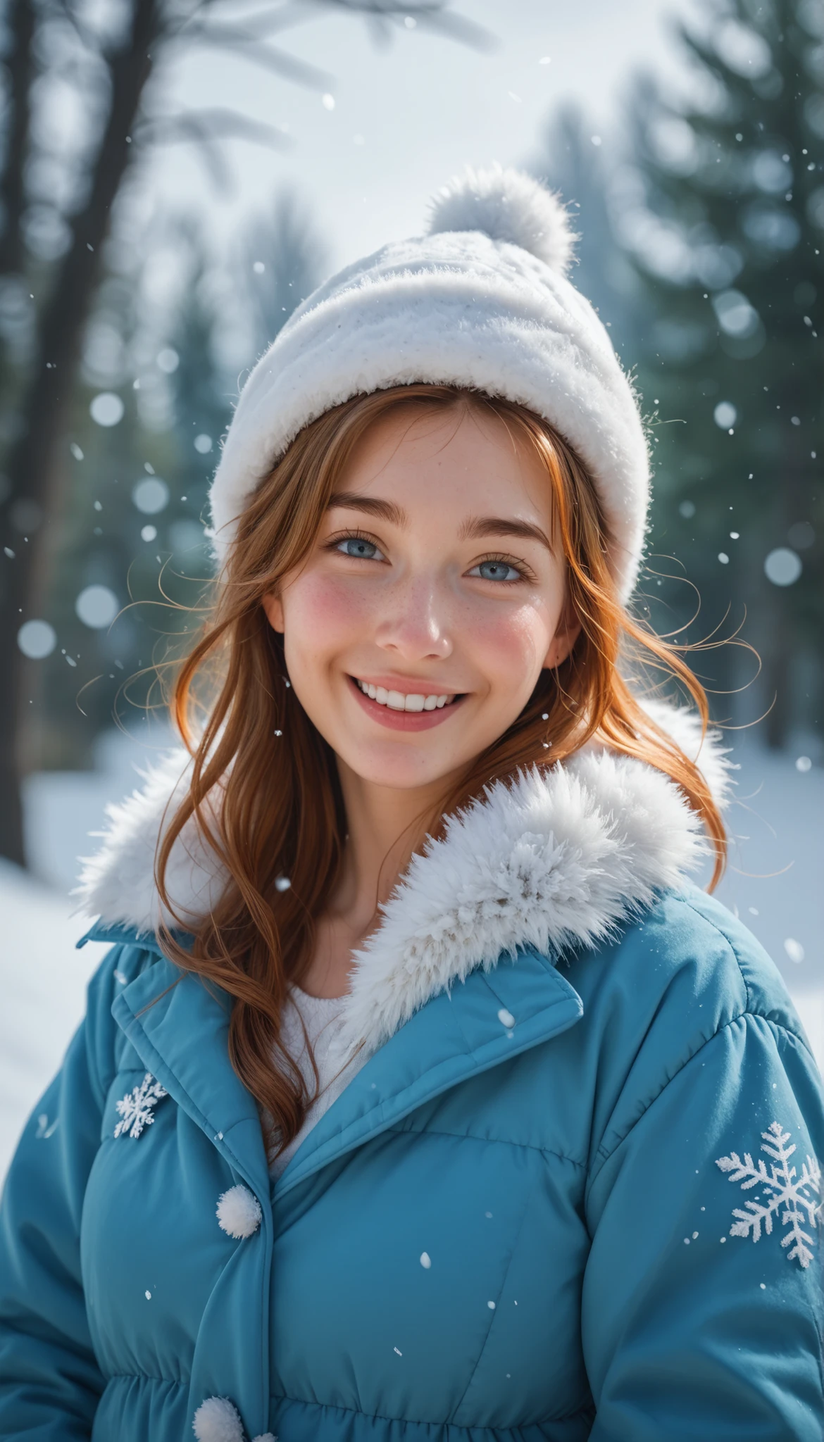 a woman wearing a hjiab and rope around hips in the snow, a portrait, by Antoni Brodowski, shutterstock, digital art, cute mature woman, in a storm, looking upwards to falling floating snow flakes, she tries to catch some snow flakes with her hand, smiling, bokeh top cinematic lighting