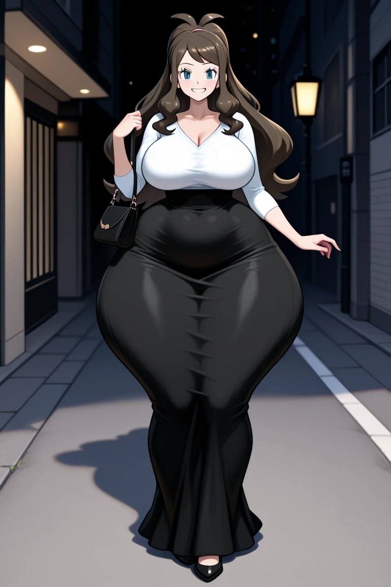 Otaku Woman, Thick glasses, Messy Hair, Huge breasts, Very wide hips, A loose shirt and a long skirt