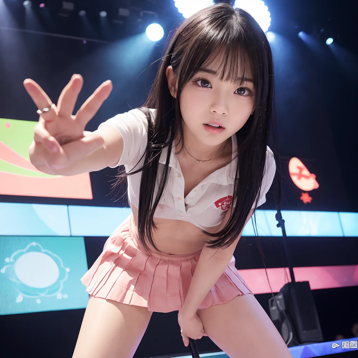 An incredible decision、High resolution、(masterpiece:1.4)、Very detailed、Sharp details、Dramatic and realistic painting art、Super Sentai Series、On stage at the LINE LIVE venue、（Completely naked、Group of 5、5 people having sex、Various hairstyles）すべてのsmile、全員Completely naked、Small breasts、Tight waist、13 years old、smile、Orgy、Everyone is watching、