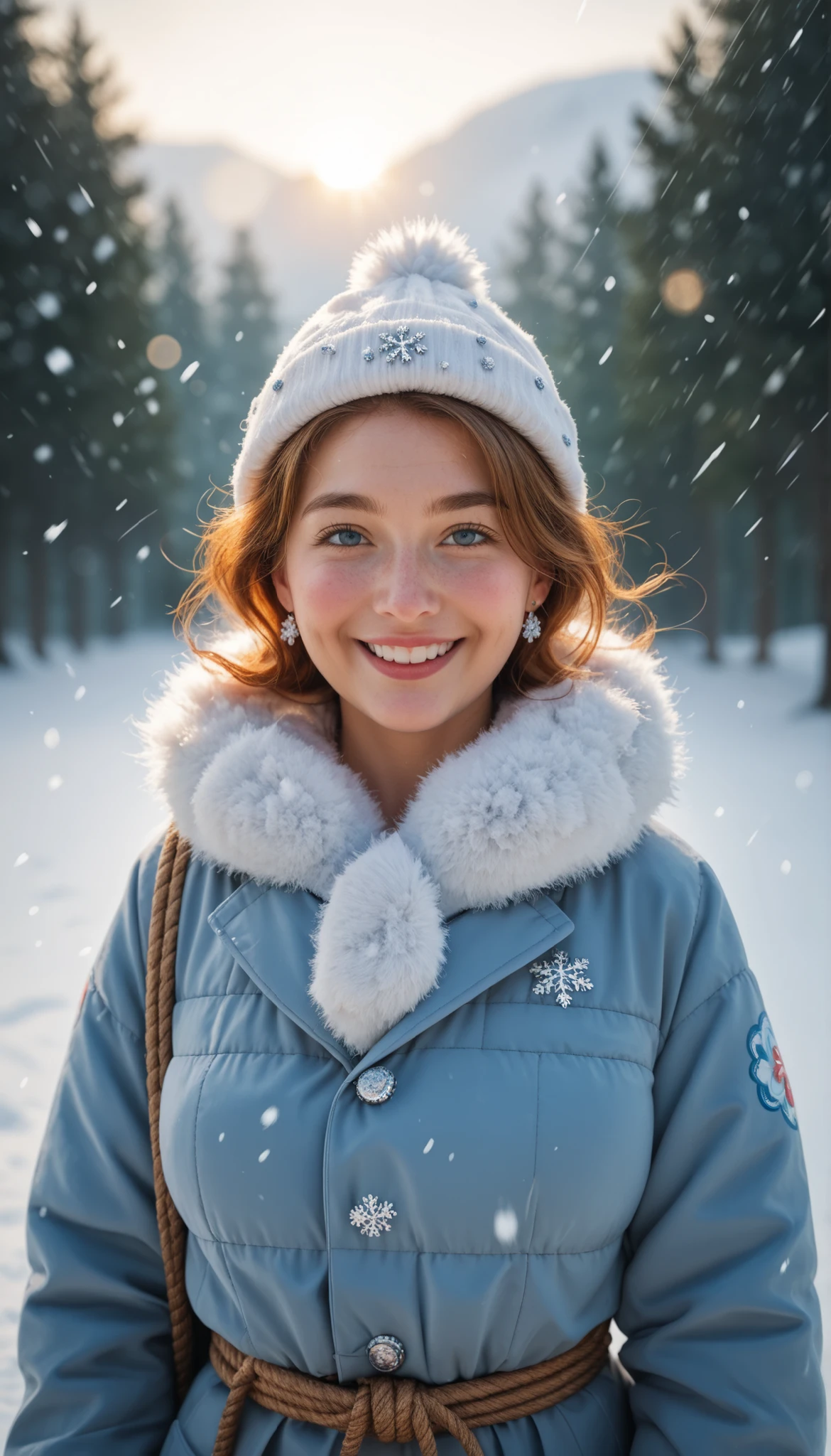 a woman wearing a hjiab and rope around hips in the snow, a portrait, by Antoni Brodowski, shutterstock, digital art, cute mature woman, in a storm, looking upwards to falling floating snow flakes, she tries to catch some snow flakes with her hand, smiling, bokeh top cinematic lighting
