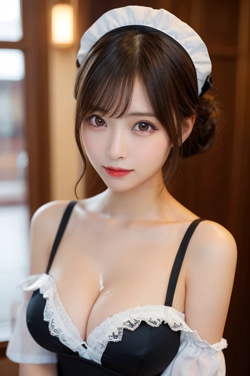(highest quality:1.4), Beautiful Face, 8k, 85mm, Absurd, (Maid:1.4), Show your whole body, Angle from the front、Show me your shoulders,Cleavage of the breast、To the camera、 Viola Lace, Gardenia, Delicate girl, alone, night, Looking at the audience, Film Grain, chromatic aberration, Sharp focus, Face Light, Professional Lighting, Sophisticated, (smile:0.4), Cleavage, (Simple Background, Background blur:1.2), Detailed aspect、double bun、Brown Hair、Small breasts