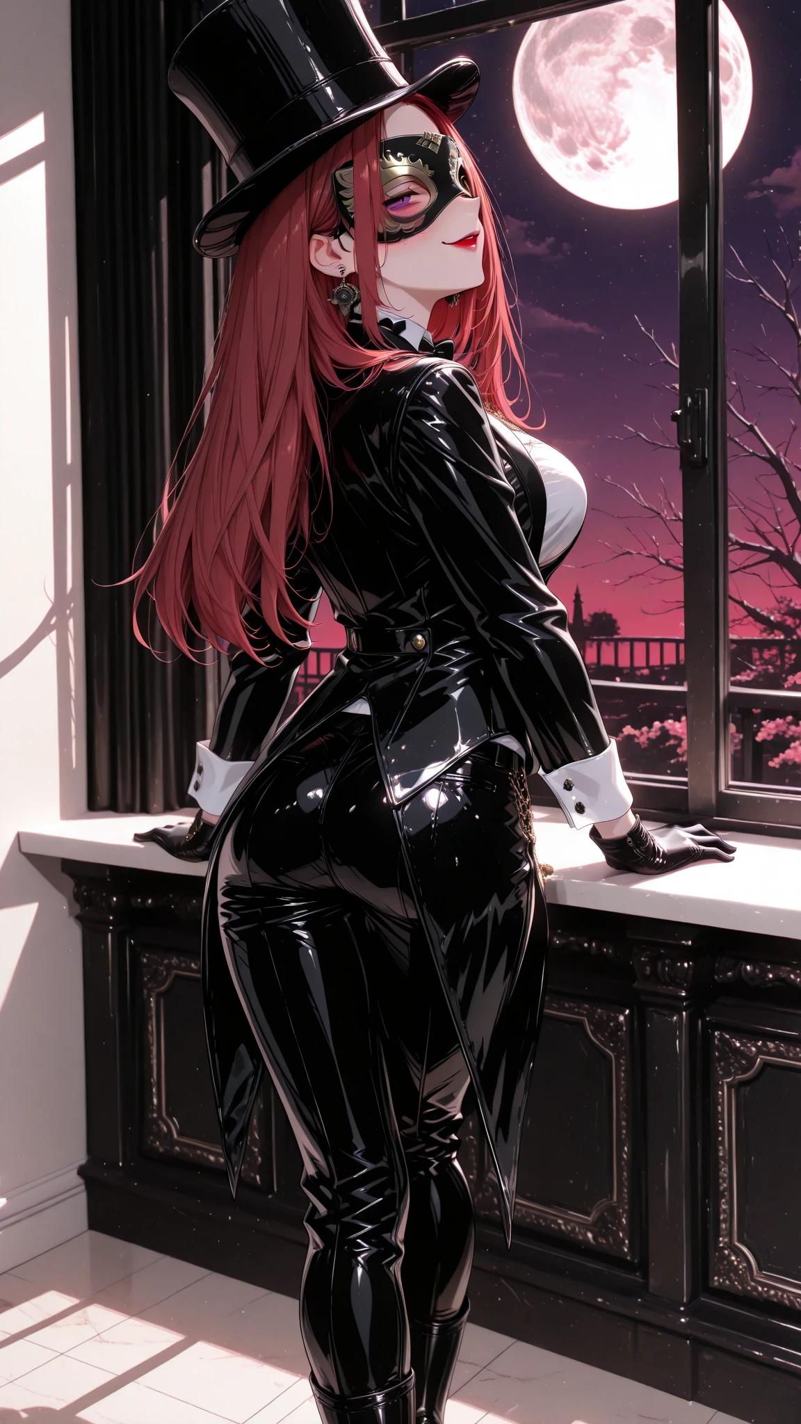 ((best quality)), ((Masterpiece)), (details:1.4), milf, Red hair, long hair, big breasts, Suit, black short skirt, หน้านิ่ง, Street background, at night, best quality, 4K, Realistic picture, (cinematic lighting, moody, textile shading), รอยแผลเป็นบนหน้า