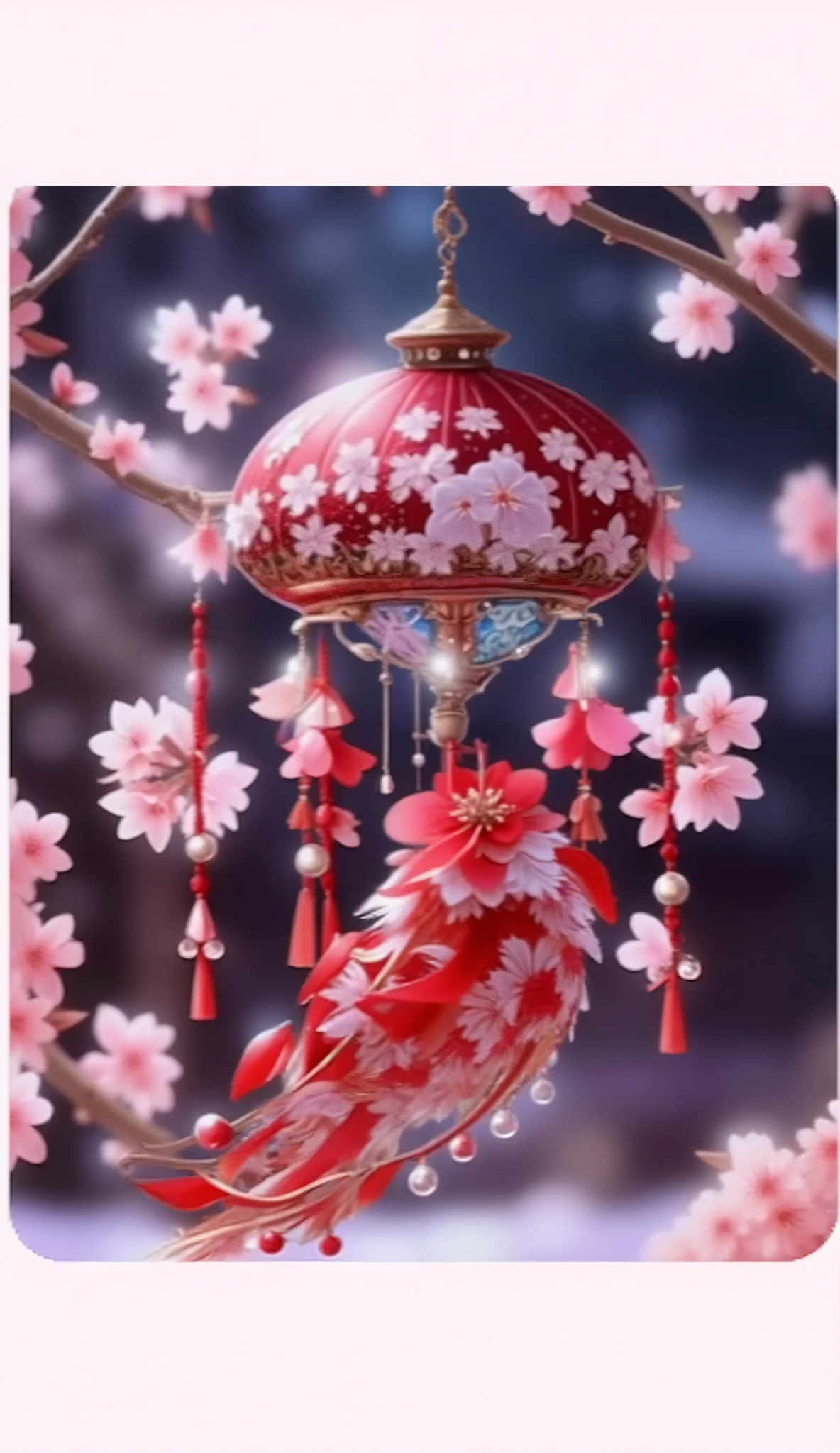 A delicate, ornate lantern hangs gracefully amidst a serene backdrop of soft, out-of-focus cherry blossoms. The lantern's dome is a rich, deep red adorned with intricate patterns of white cherry blossom motifs, echoing the surrounding blooms. From beneath the dome, a cascade of decorative tassels and beads drapes elegantly, predominantly featuring hues of red and white, with hints of transparent elements that catch the gentle light. The ambient lighting casts a warm glow across the scene, enhancing the lantern's vibrant colors against the softer, pastel tones of the blurred blossoms behind. The branches that cradle the lantern are lightly dusted with more pale pink flowers, contributing to the ethereal, almost dreamlike atmosphere of the image. This composition combines traditional Eastern aesthetics with an enchanting, almost whimsical charm, capturing a moment of tranquility suspended in time.