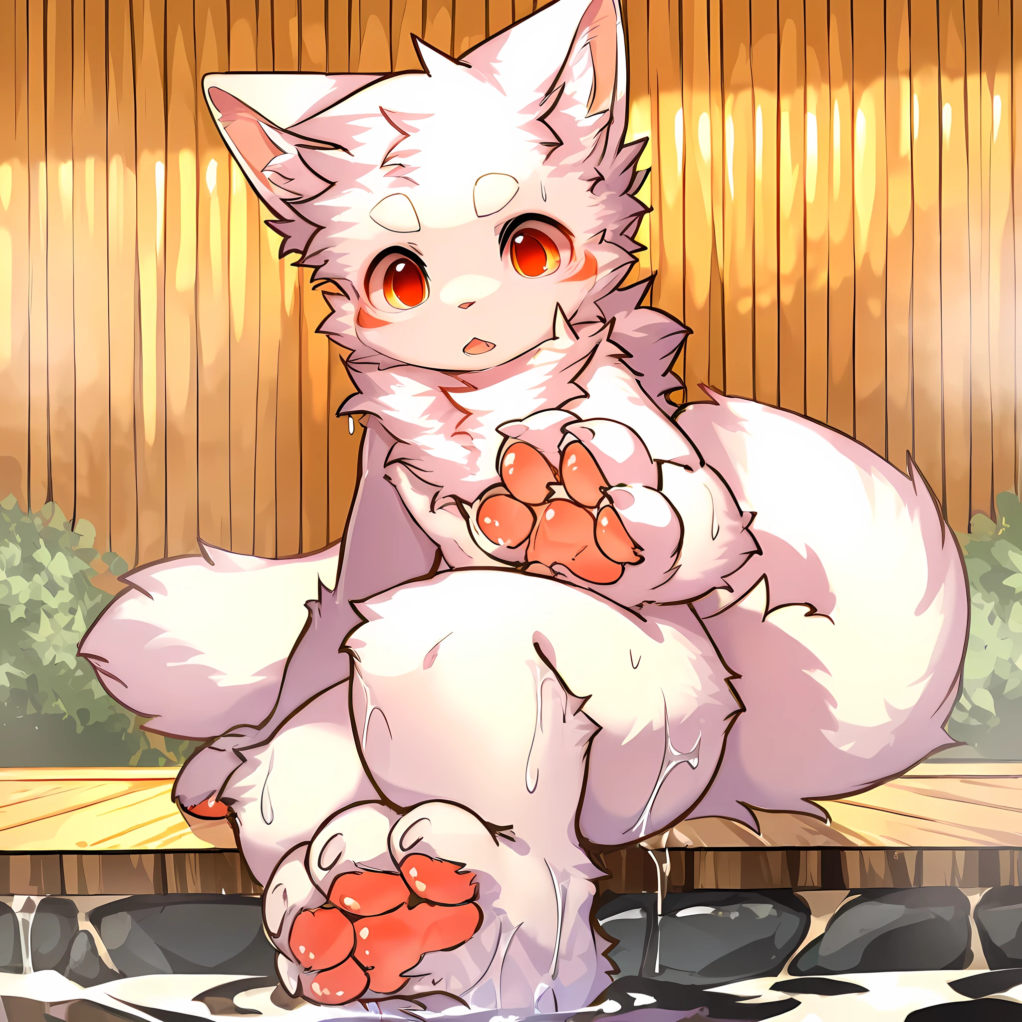 Young male white cat, Pure white skin, Sitting on side of onsen, Wet, Tail, Pawpads, Animal hands and feet, highres, masterpiece, best quality